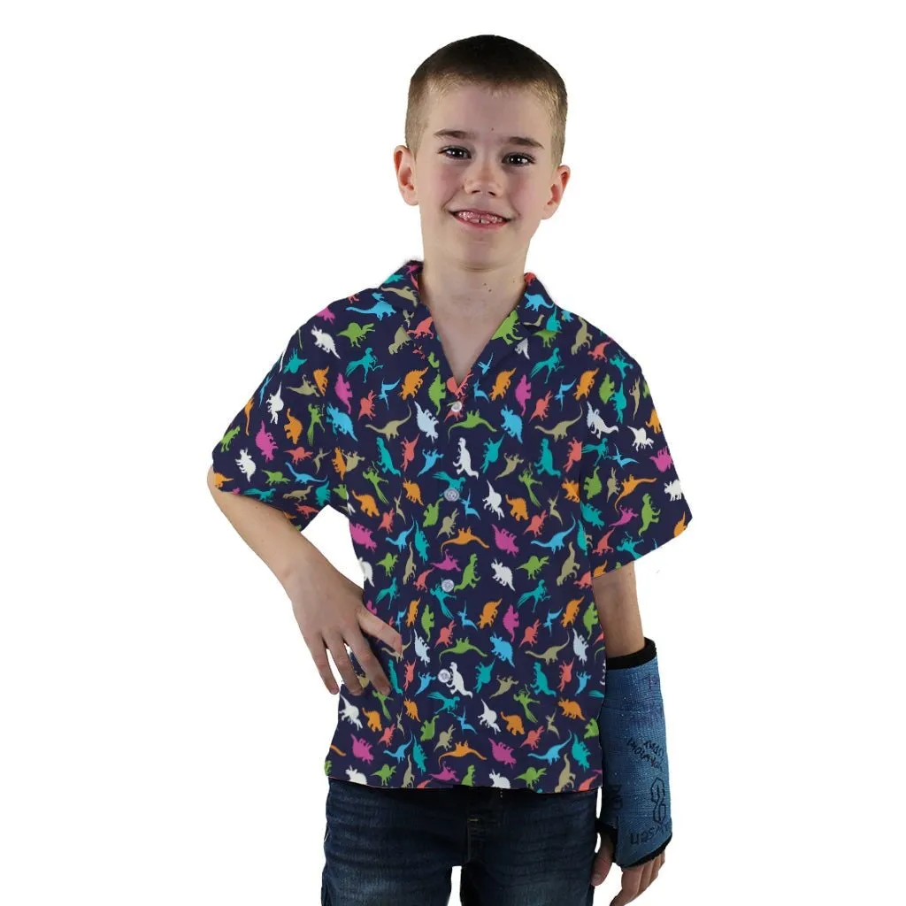 Colorful Dinosaur Silhouettes Navy Youth Hawaiian Shirt
