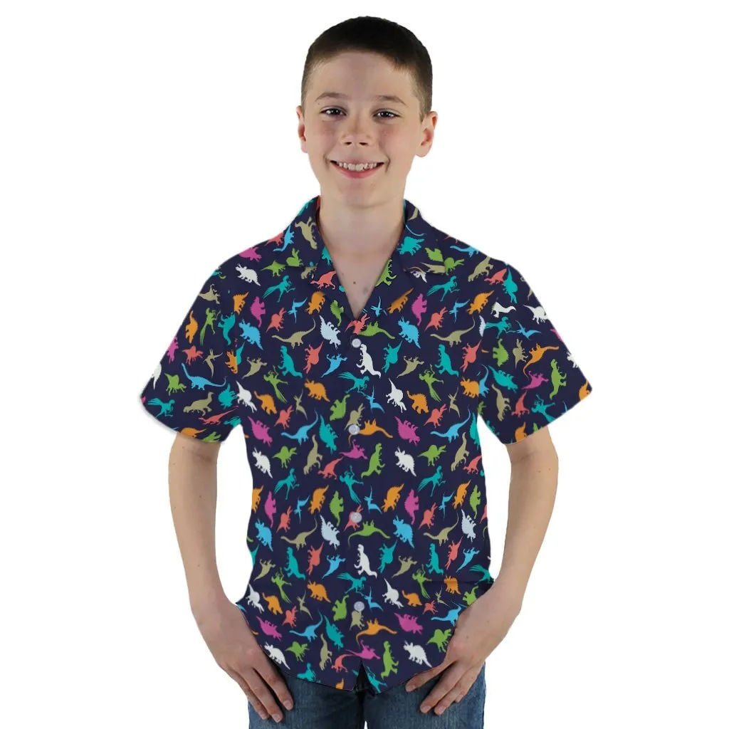 Colorful Dinosaur Silhouettes Navy Youth Hawaiian Shirt