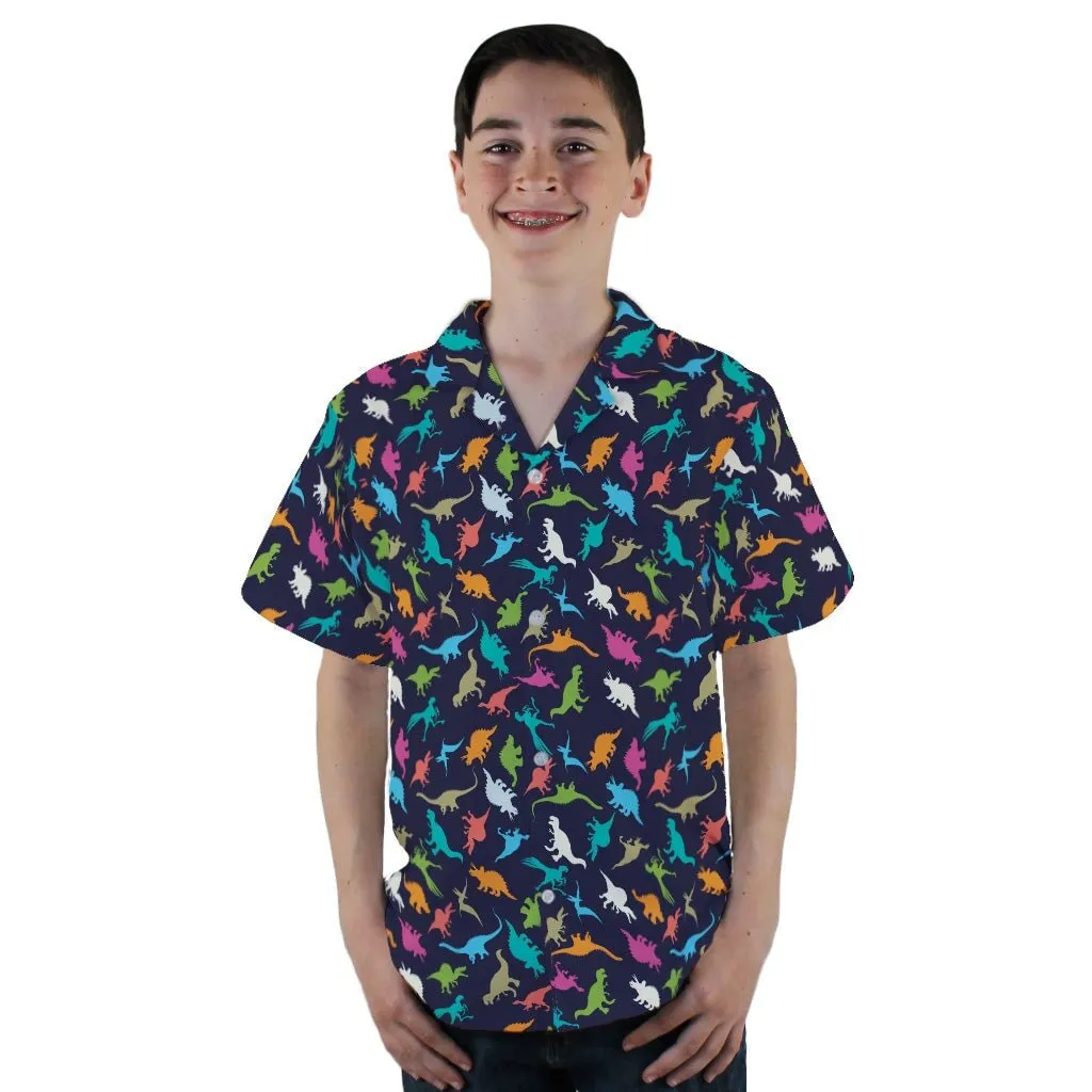 Colorful Dinosaur Silhouettes Navy Youth Hawaiian Shirt