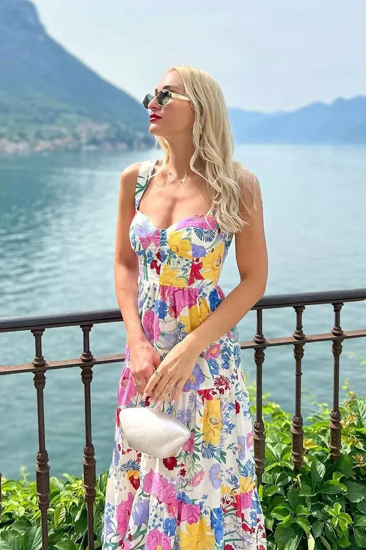 Colorful Floral Print Sweetheart Bustier Fit and Flare Vacation Maxi Sundress