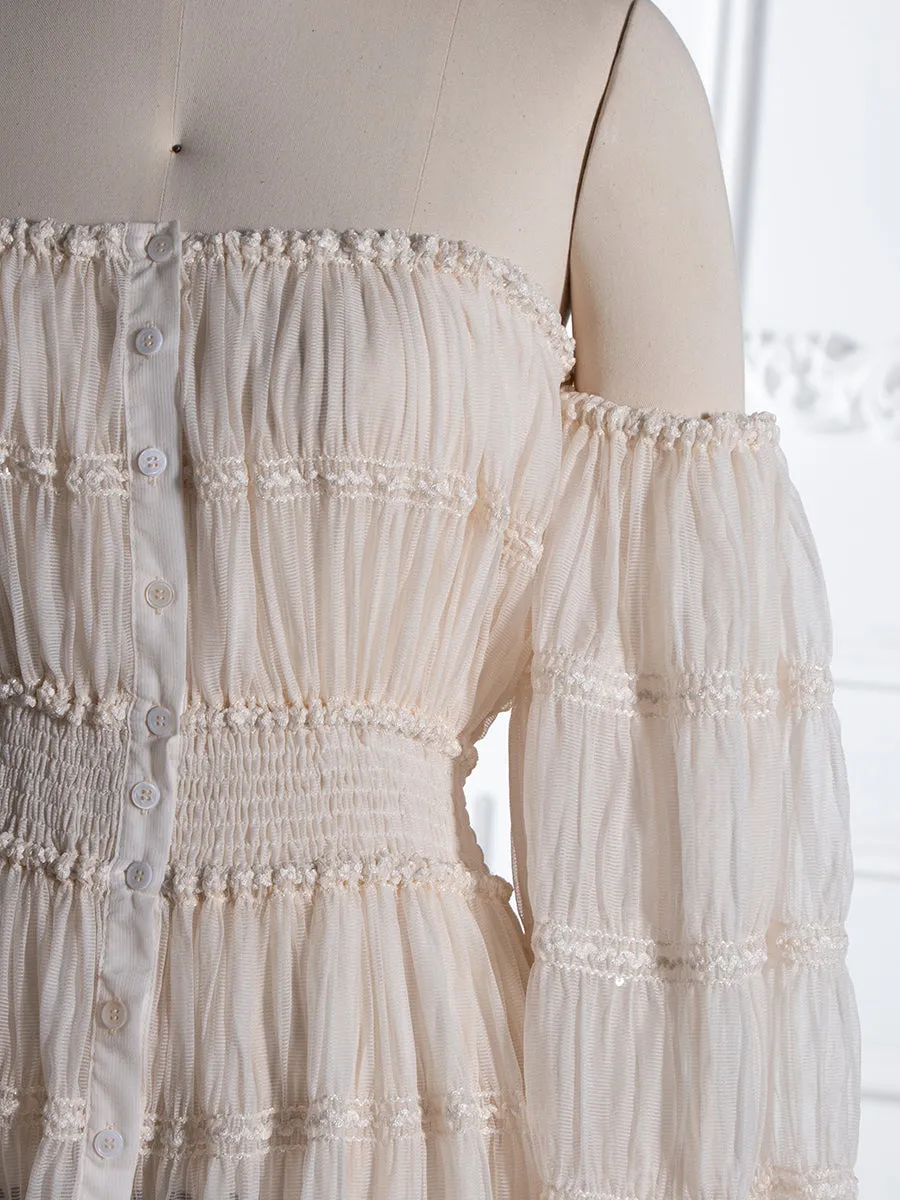 Cream Maternity Photoshoot Dress Long Sleeves Bohemian Beach Photo Shoot Dress YW240062