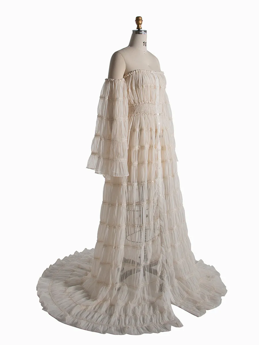 Cream Maternity Photoshoot Dress Long Sleeves Bohemian Beach Photo Shoot Dress YW240062