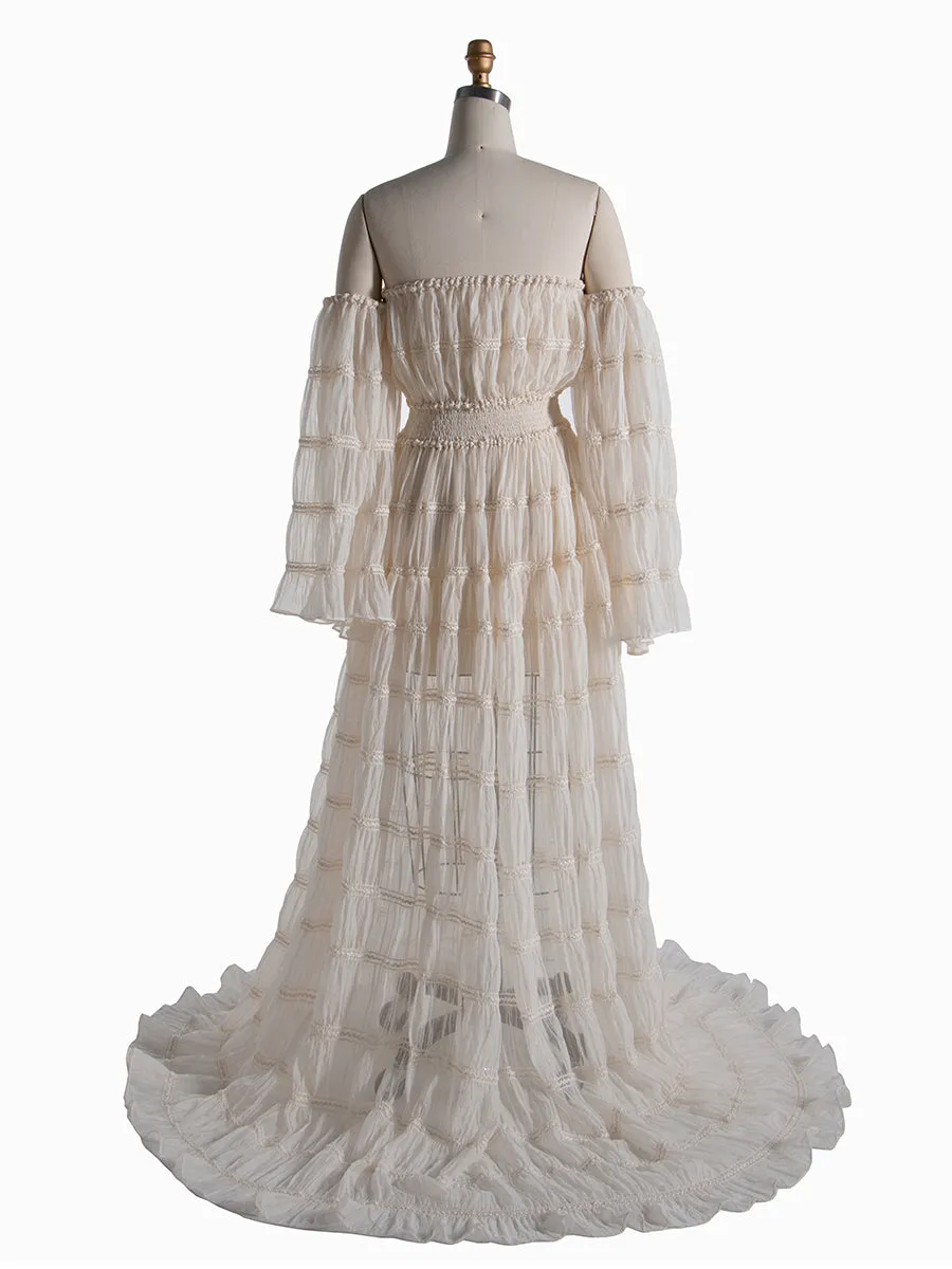 Cream Maternity Photoshoot Dress Long Sleeves Bohemian Beach Photo Shoot Dress YW240062