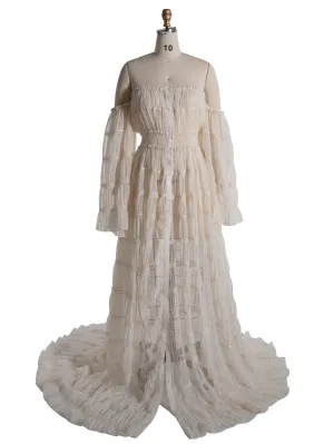 Cream Maternity Photoshoot Dress Long Sleeves Bohemian Beach Photo Shoot Dress YW240062