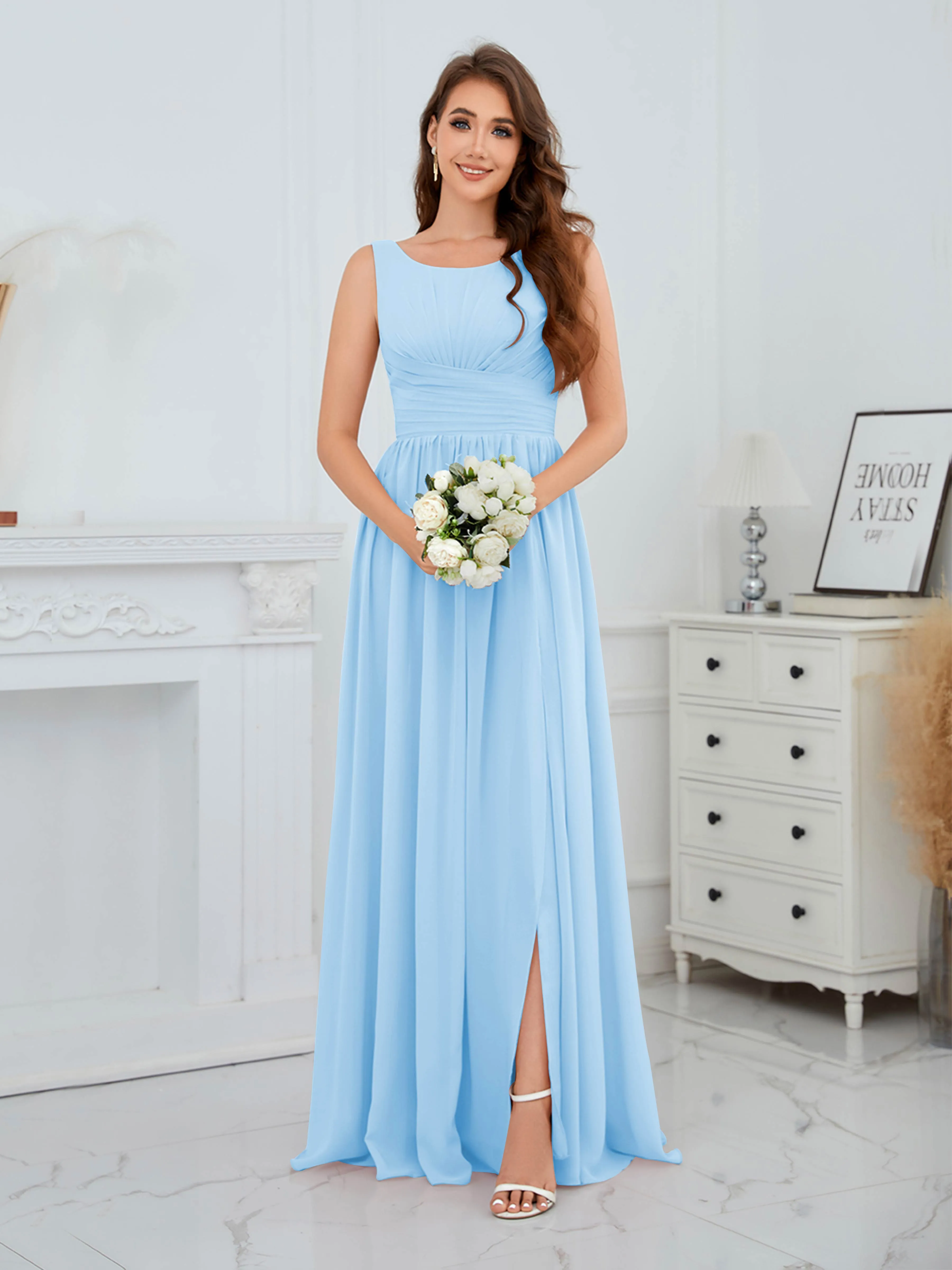 Elaine Chic Scoop Sleeveless Ruched Floor Length Chiffon Bridesmaid Dresses
