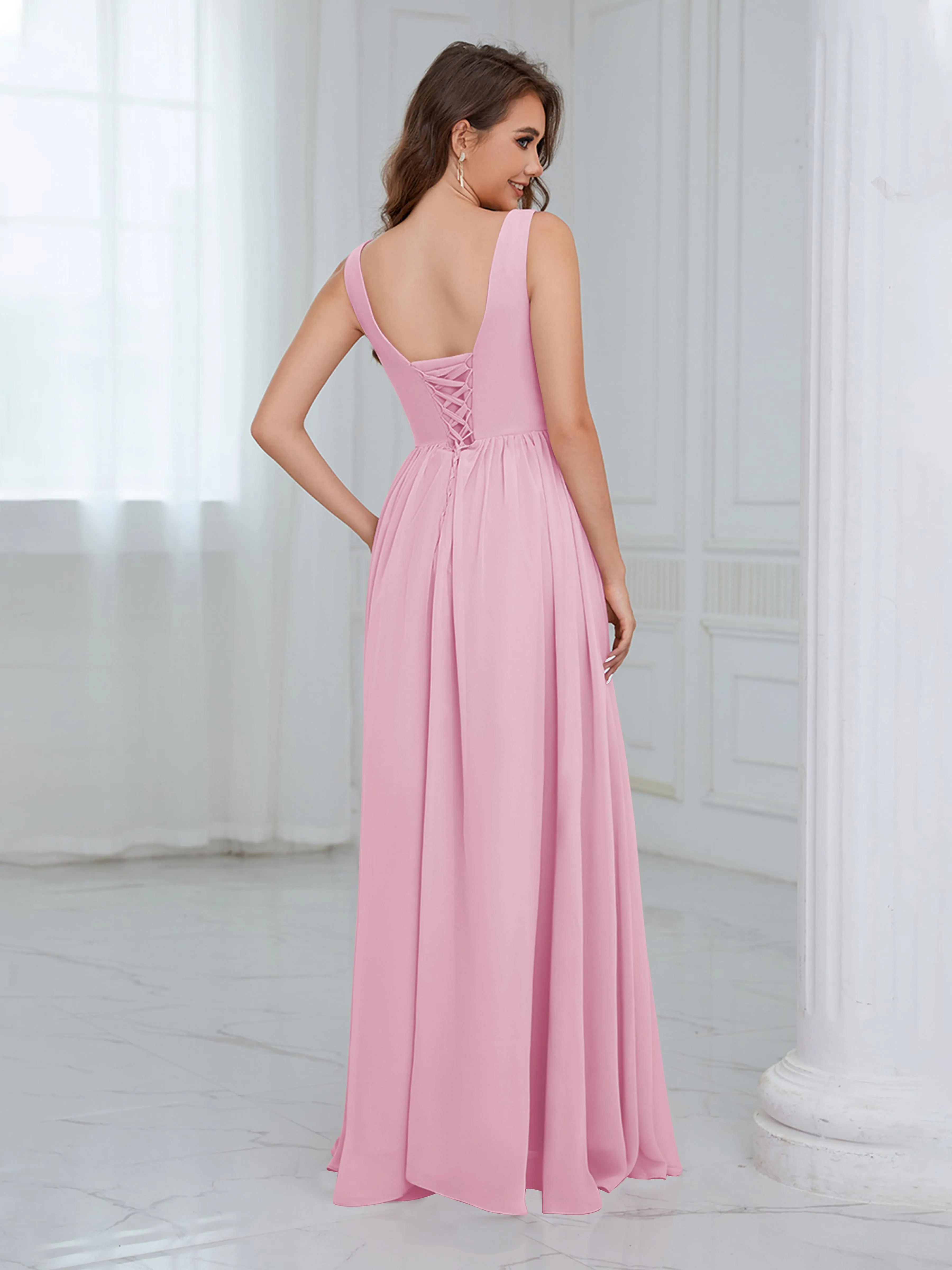 Elaine Chic Scoop Sleeveless Ruched Floor Length Chiffon Bridesmaid Dresses
