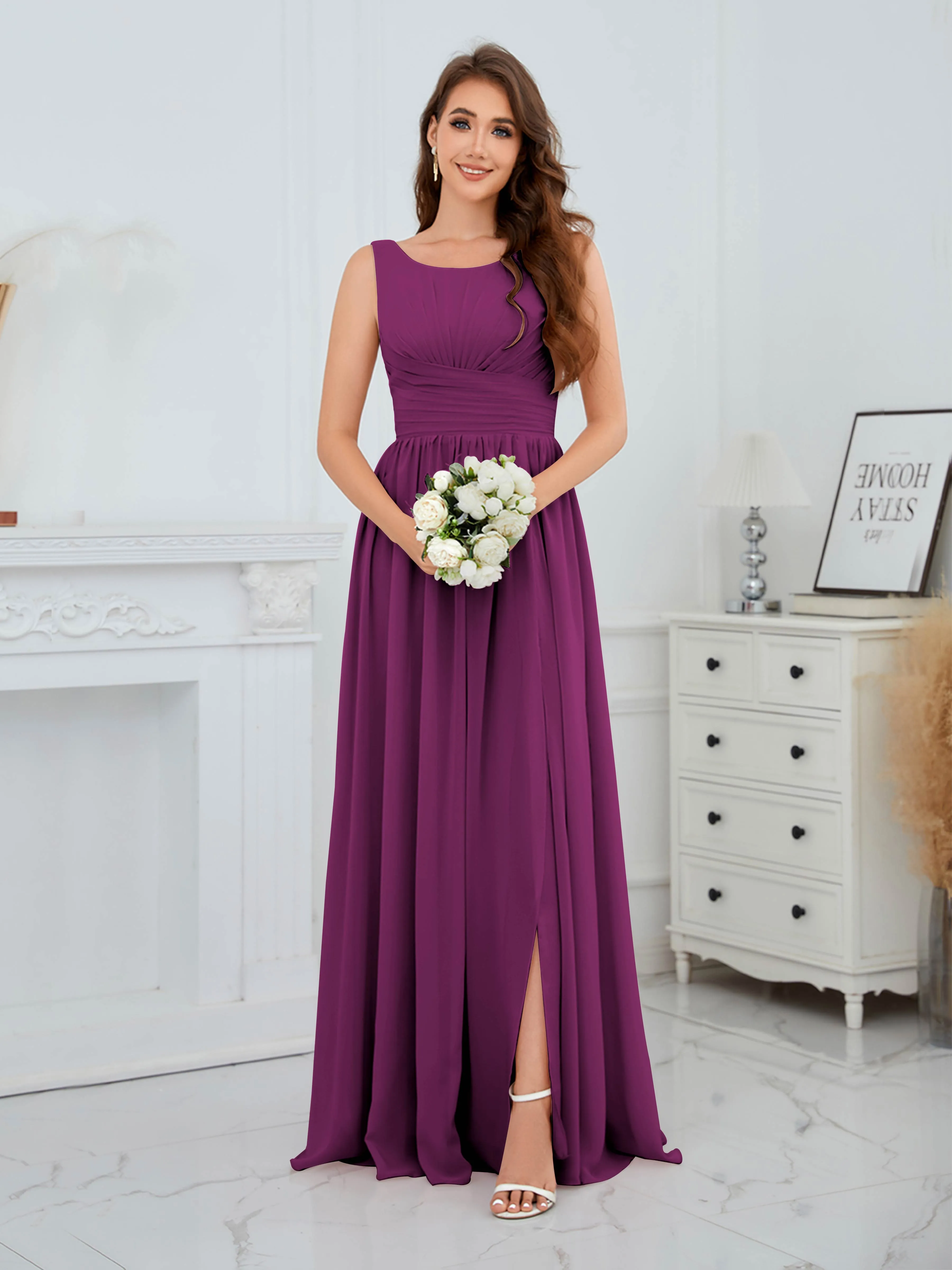 Elaine Chic Scoop Sleeveless Ruched Floor Length Chiffon Bridesmaid Dresses