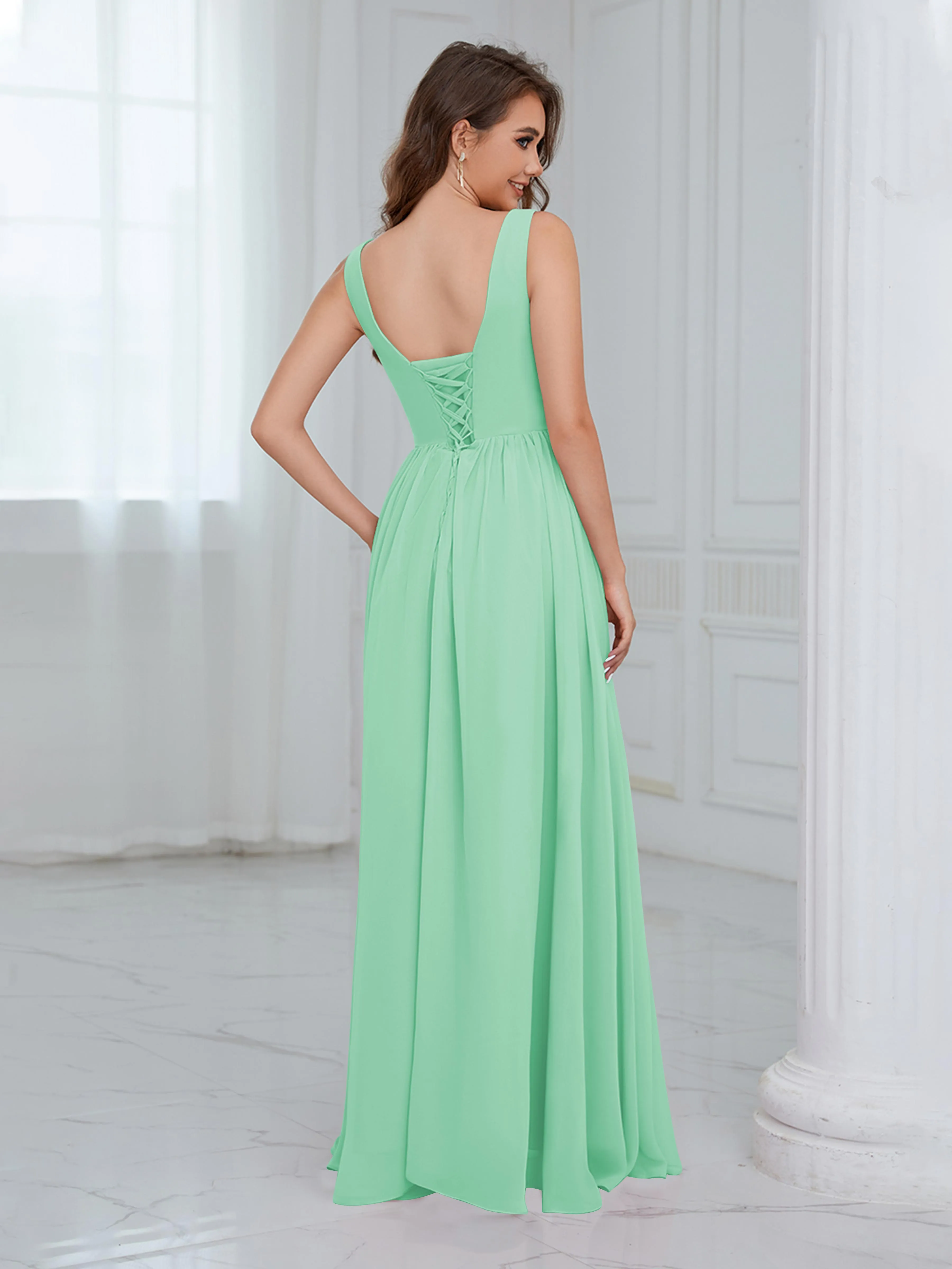 Elaine Chic Scoop Sleeveless Ruched Floor Length Chiffon Bridesmaid Dresses