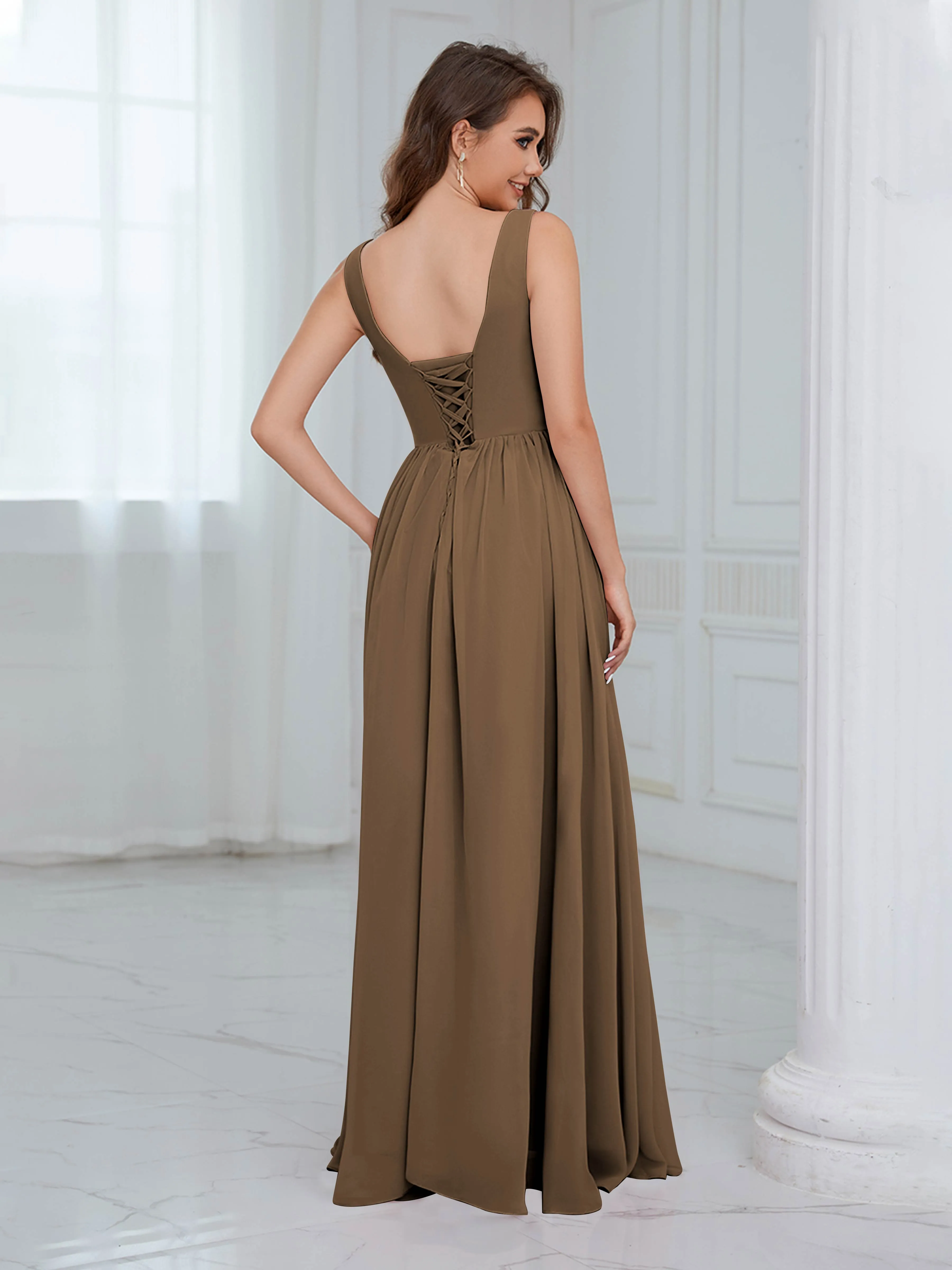 Elaine Chic Scoop Sleeveless Ruched Floor Length Chiffon Bridesmaid Dresses