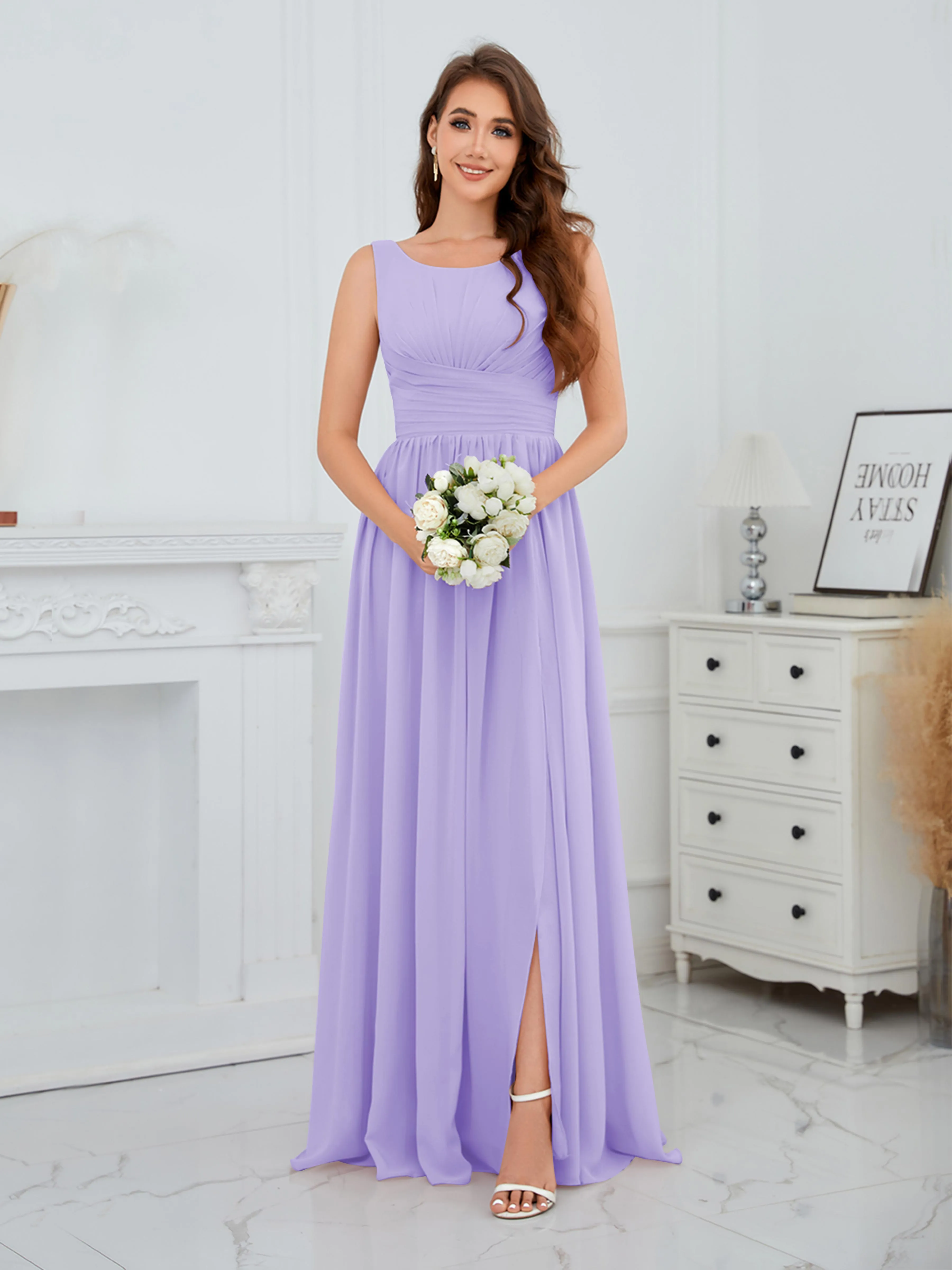 Elaine Chic Scoop Sleeveless Ruched Floor Length Chiffon Bridesmaid Dresses