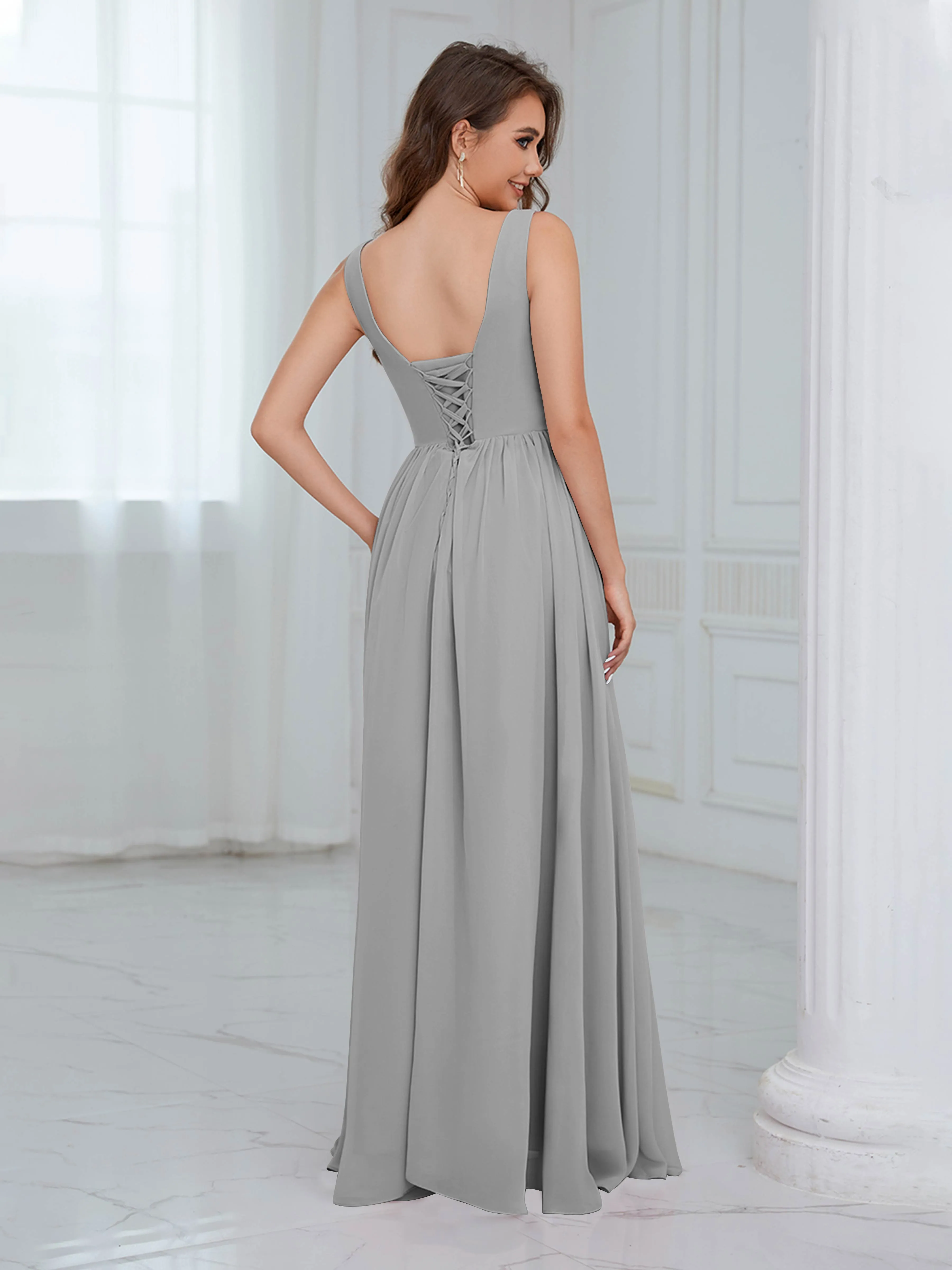 Elaine Chic Scoop Sleeveless Ruched Floor Length Chiffon Bridesmaid Dresses