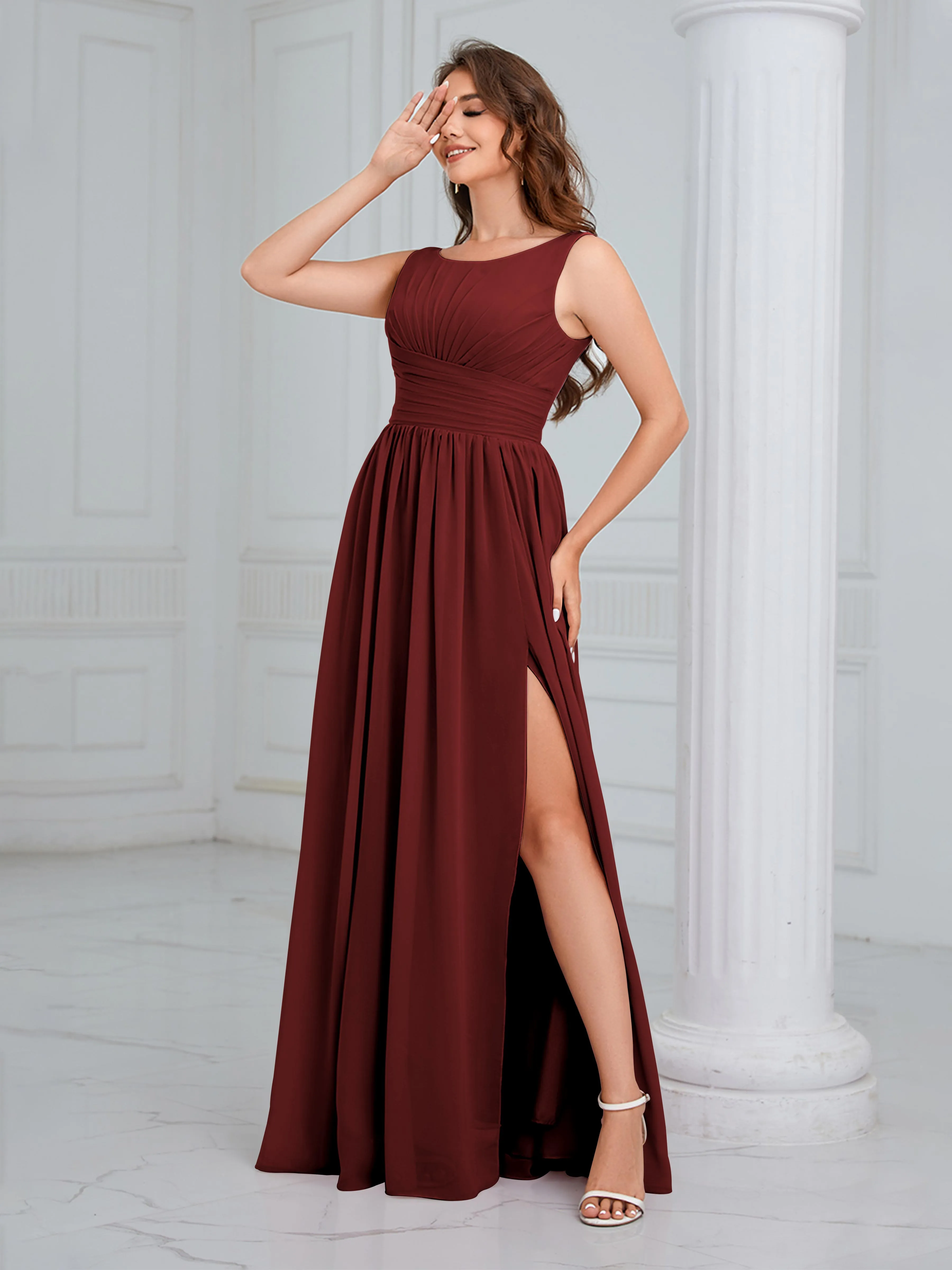 Elaine Chic Scoop Sleeveless Ruched Floor Length Chiffon Bridesmaid Dresses