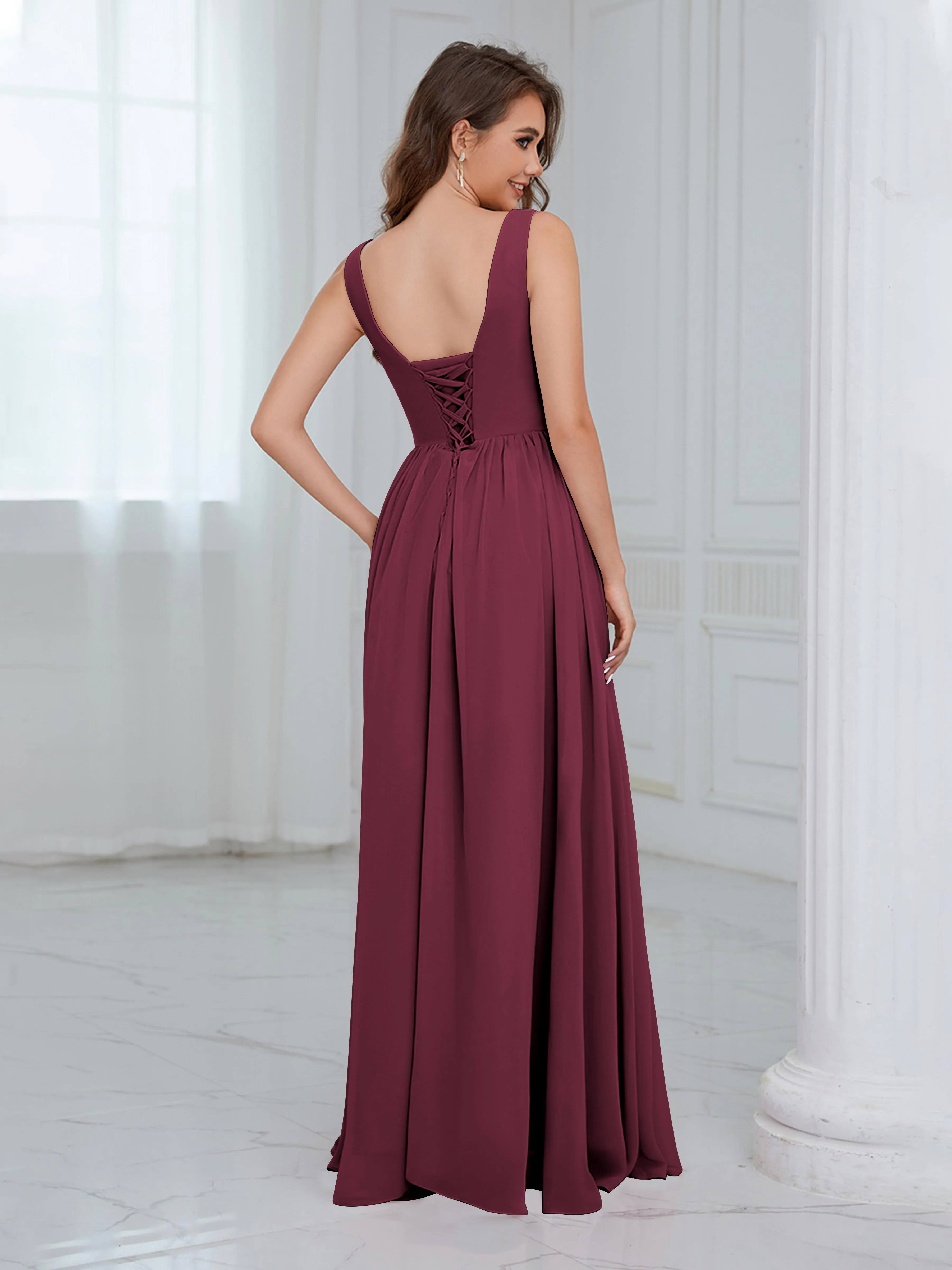 Elaine Chic Scoop Sleeveless Ruched Floor Length Chiffon Bridesmaid Dresses