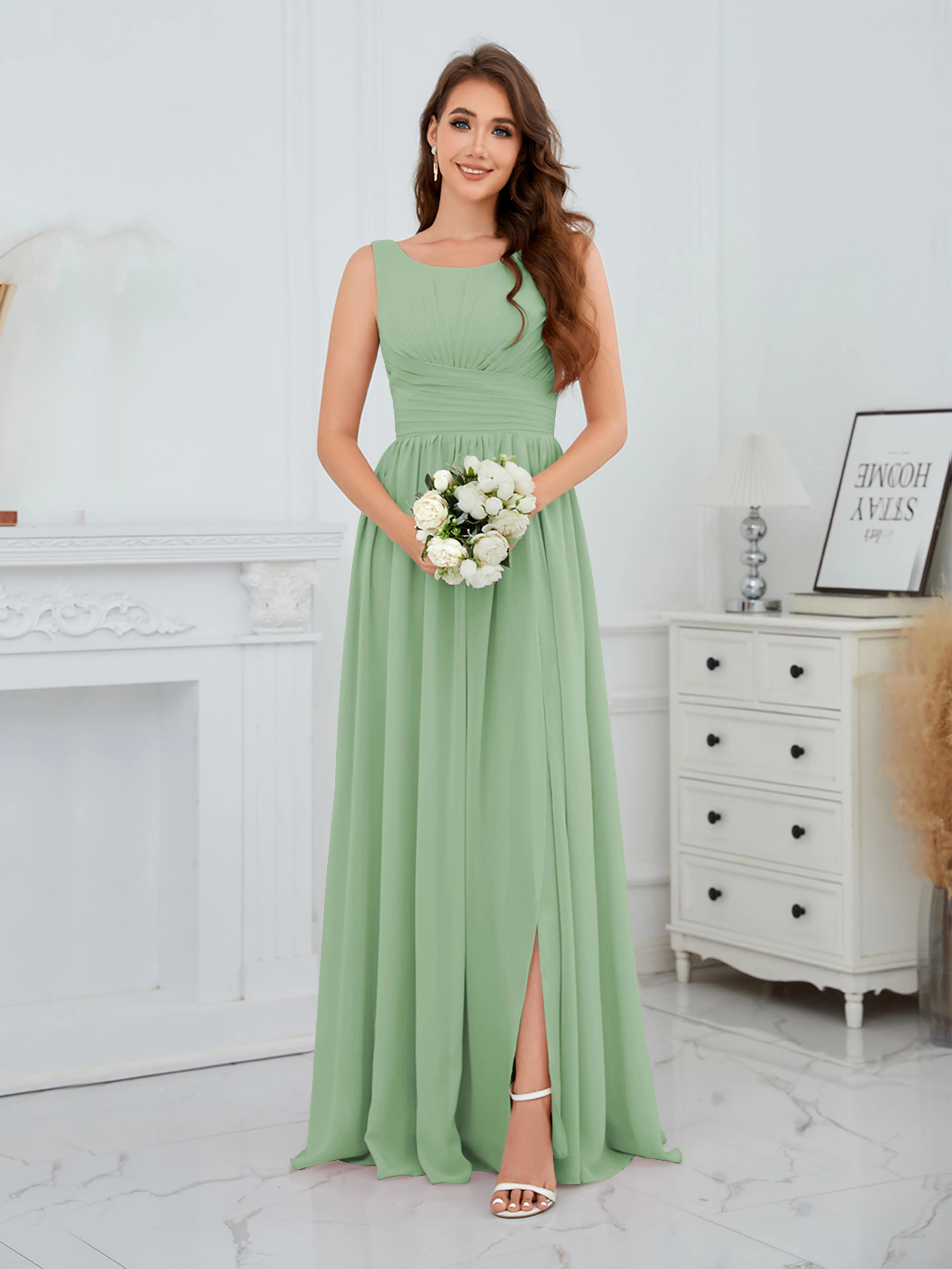 Elaine Chic Scoop Sleeveless Ruched Floor Length Chiffon Bridesmaid Dresses