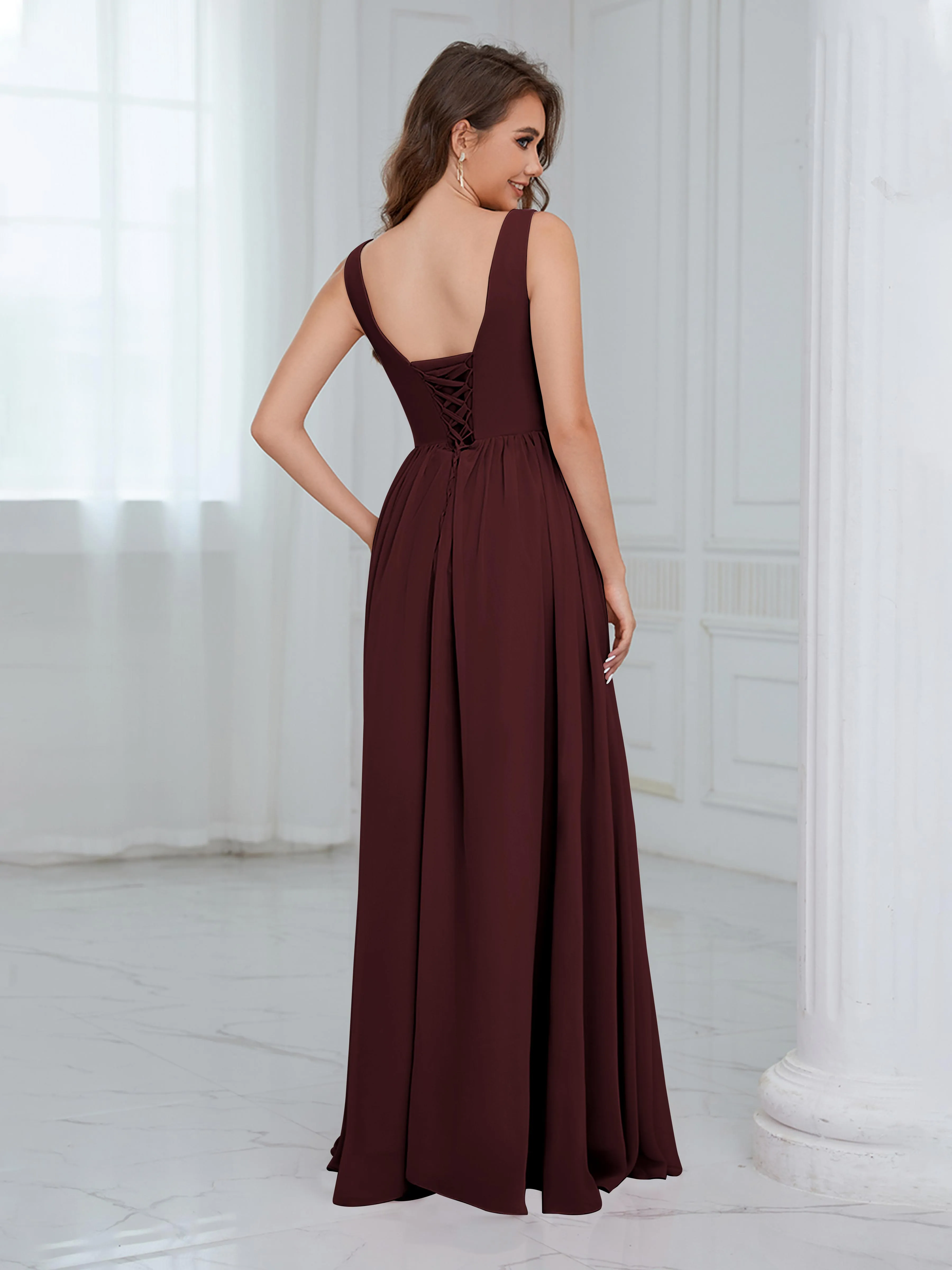 Elaine Chic Scoop Sleeveless Ruched Floor Length Chiffon Bridesmaid Dresses