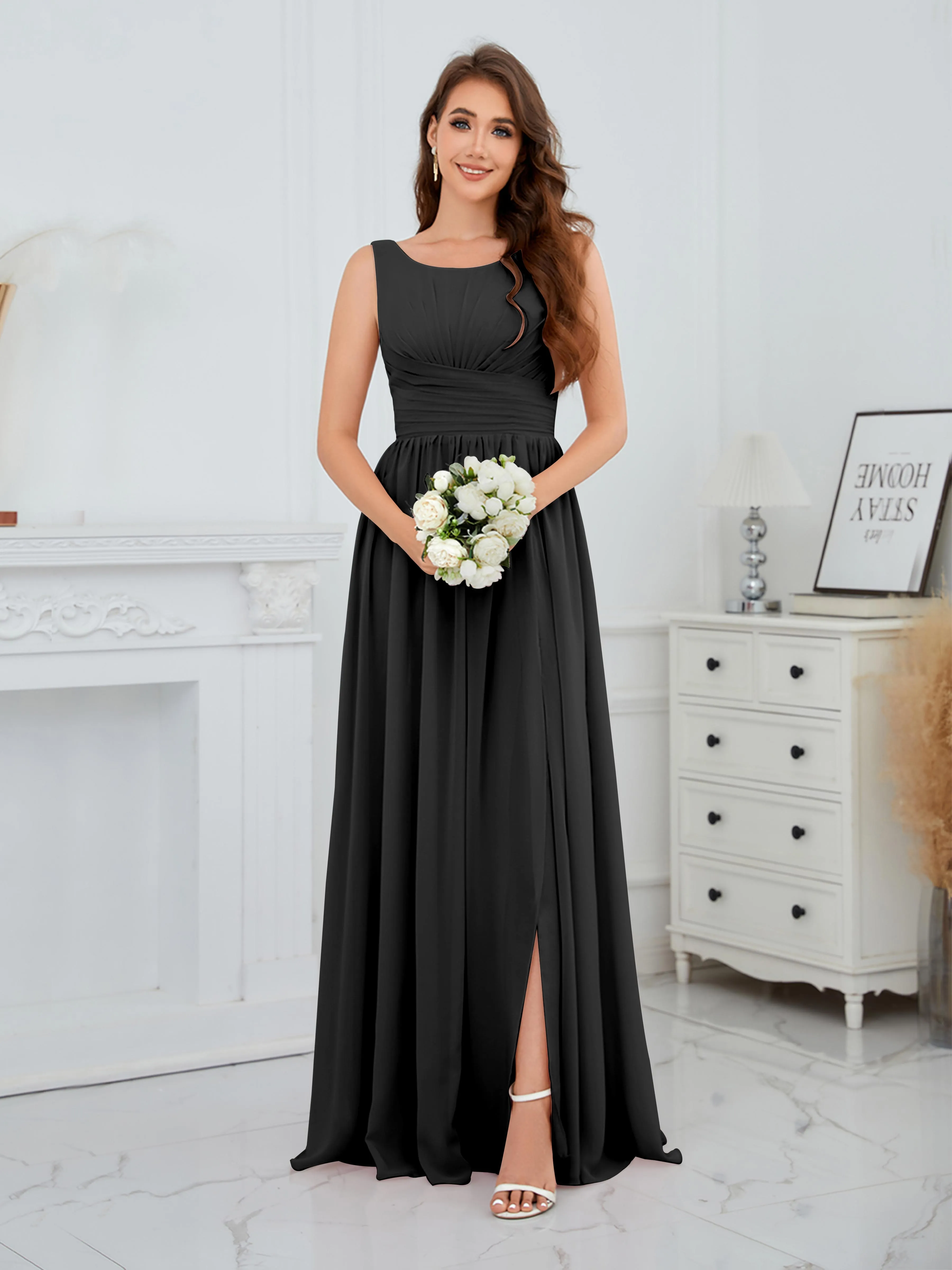 Elaine Chic Scoop Sleeveless Ruched Floor Length Chiffon Bridesmaid Dresses