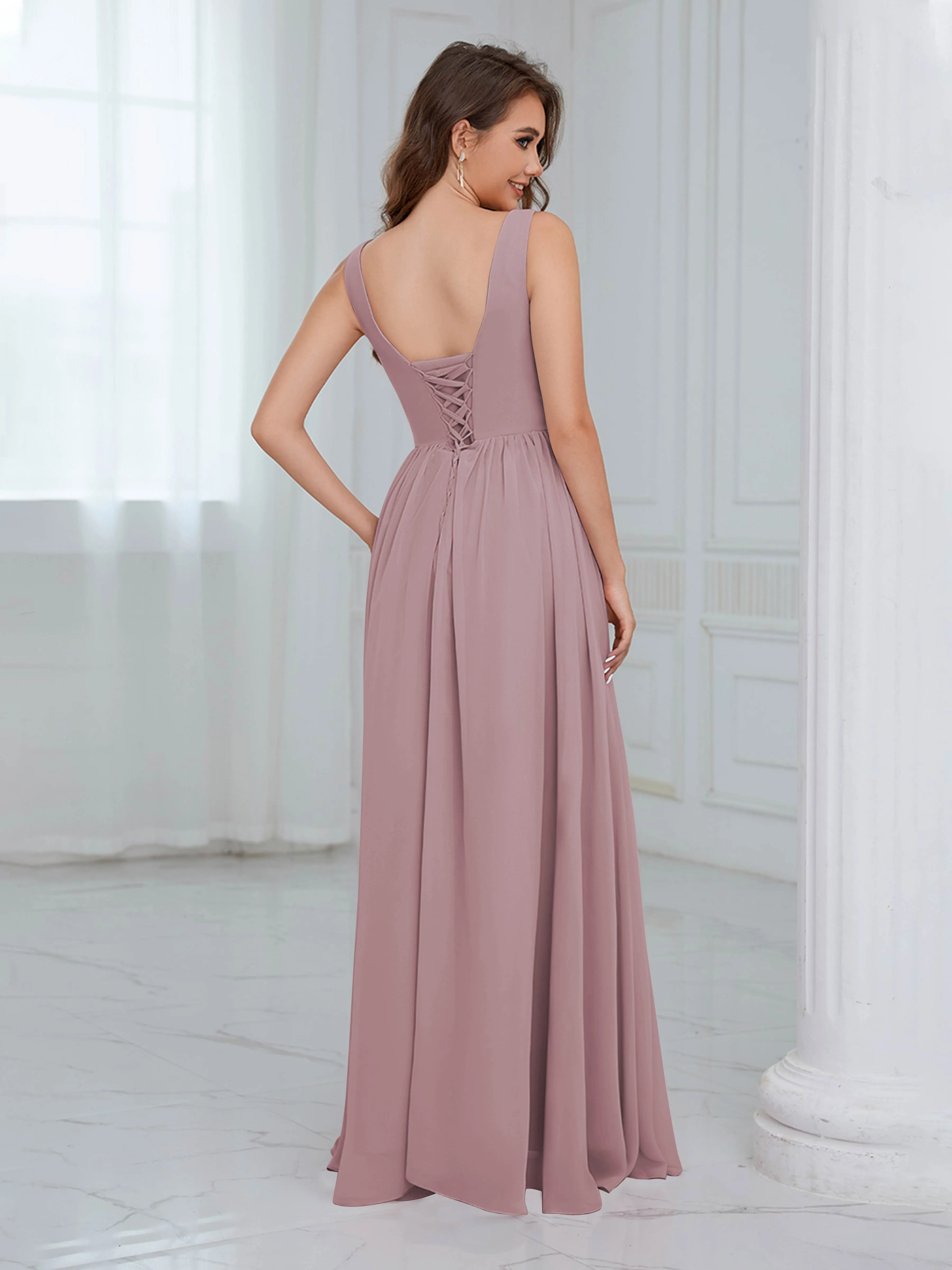 Elaine Chic Scoop Sleeveless Ruched Floor Length Chiffon Bridesmaid Dresses