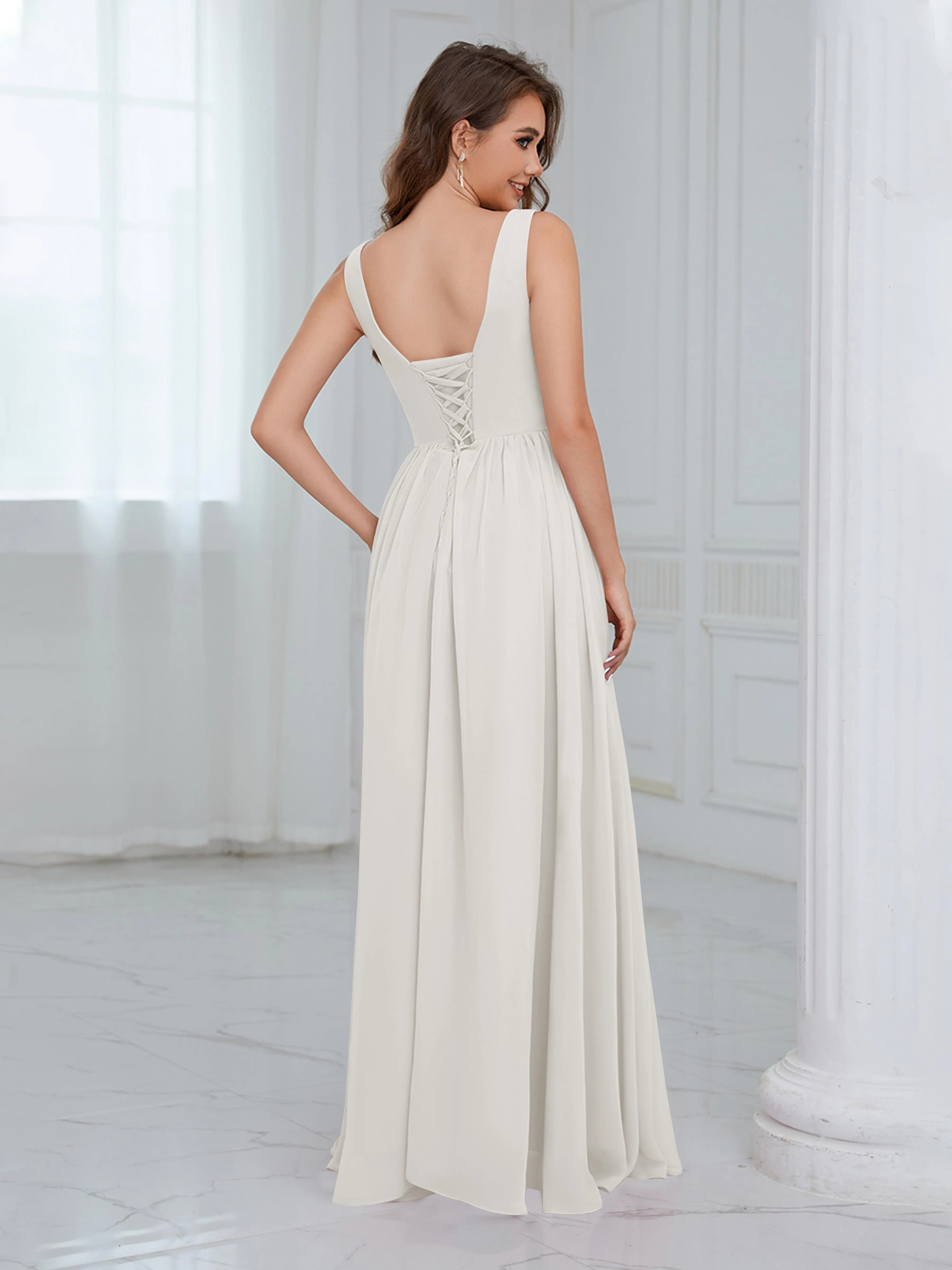 Elaine Chic Scoop Sleeveless Ruched Floor Length Chiffon Bridesmaid Dresses