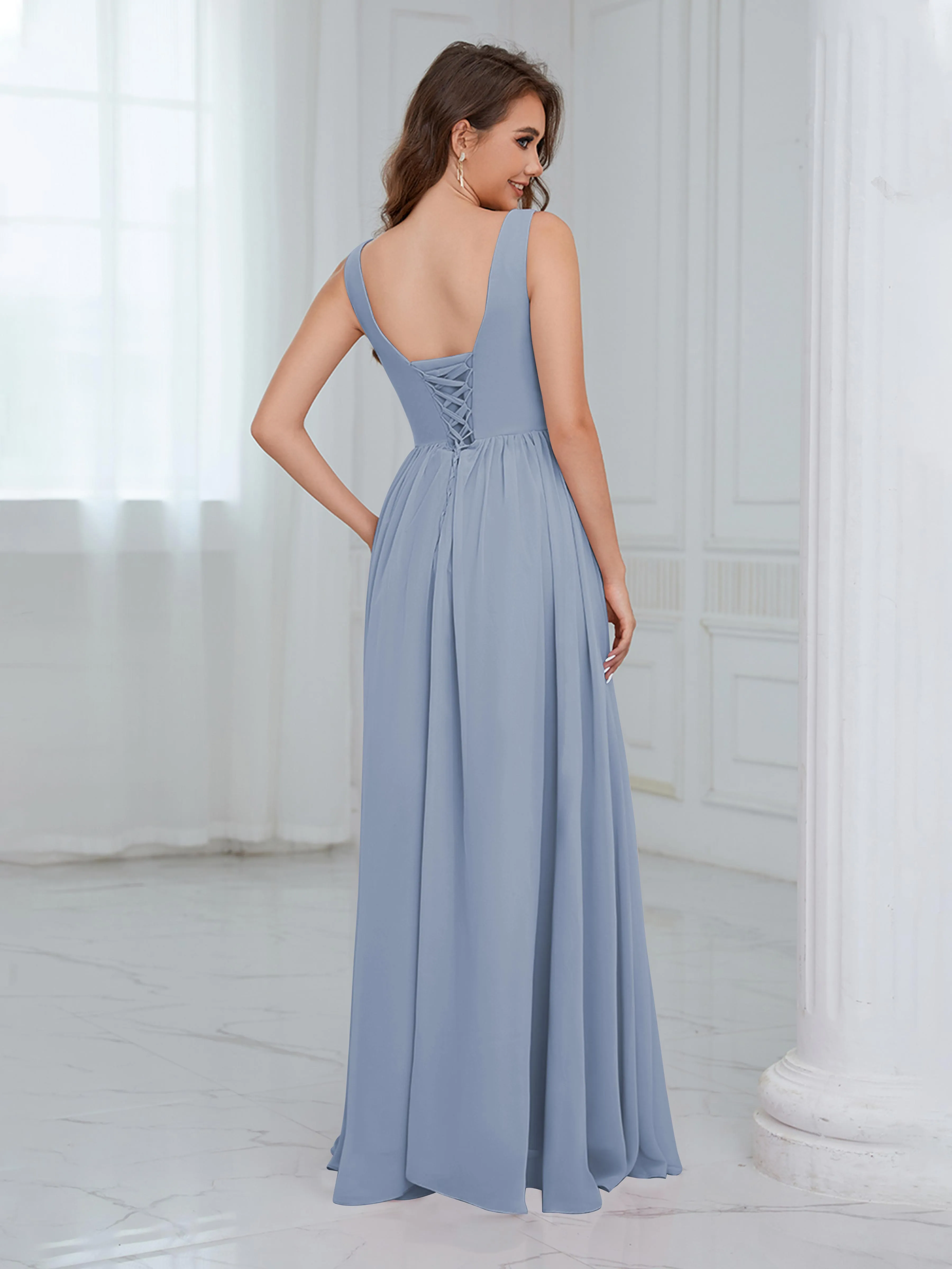 Elaine Chic Scoop Sleeveless Ruched Floor Length Chiffon Bridesmaid Dresses