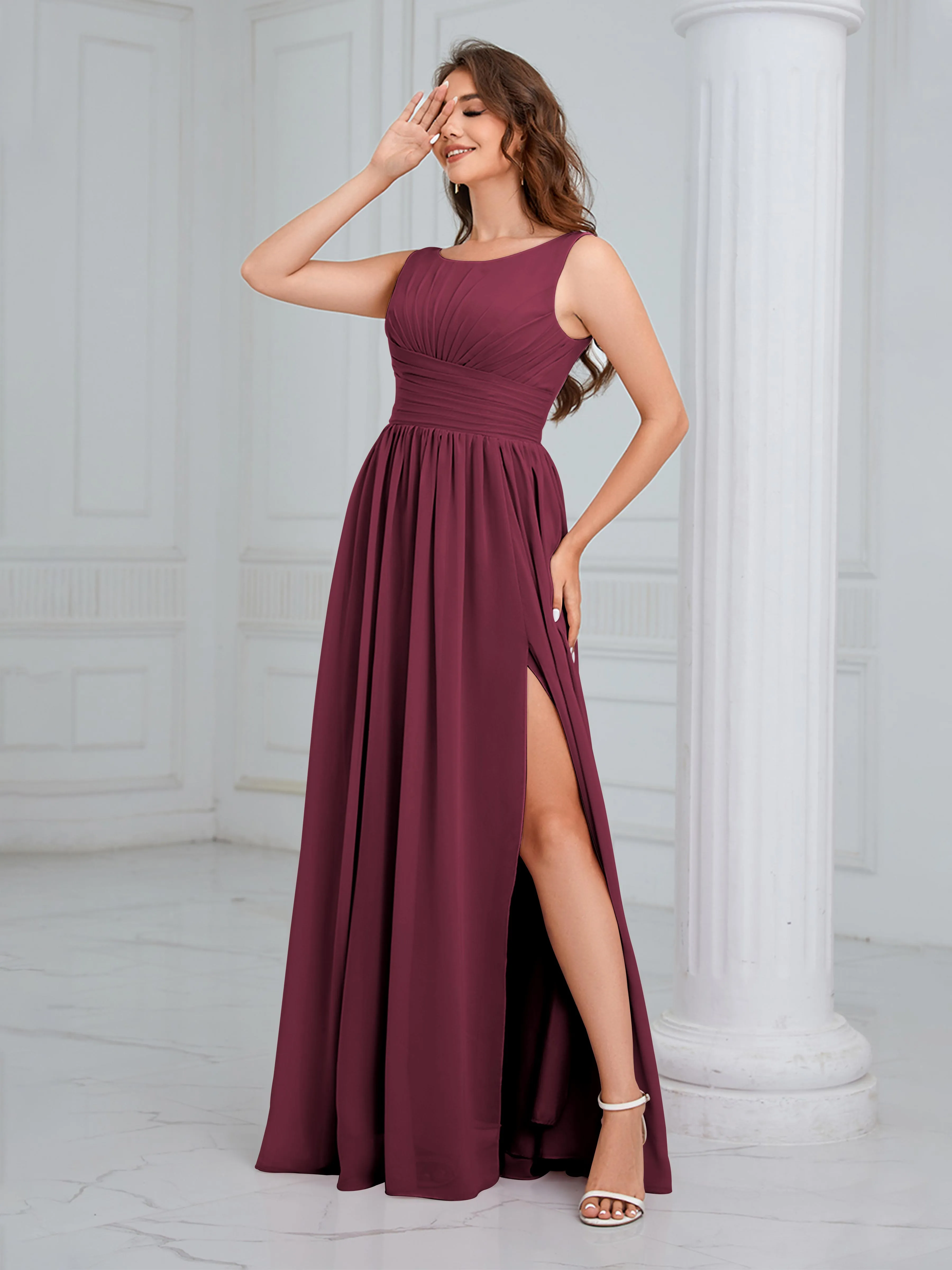 Elaine Chic Scoop Sleeveless Ruched Floor Length Chiffon Bridesmaid Dresses