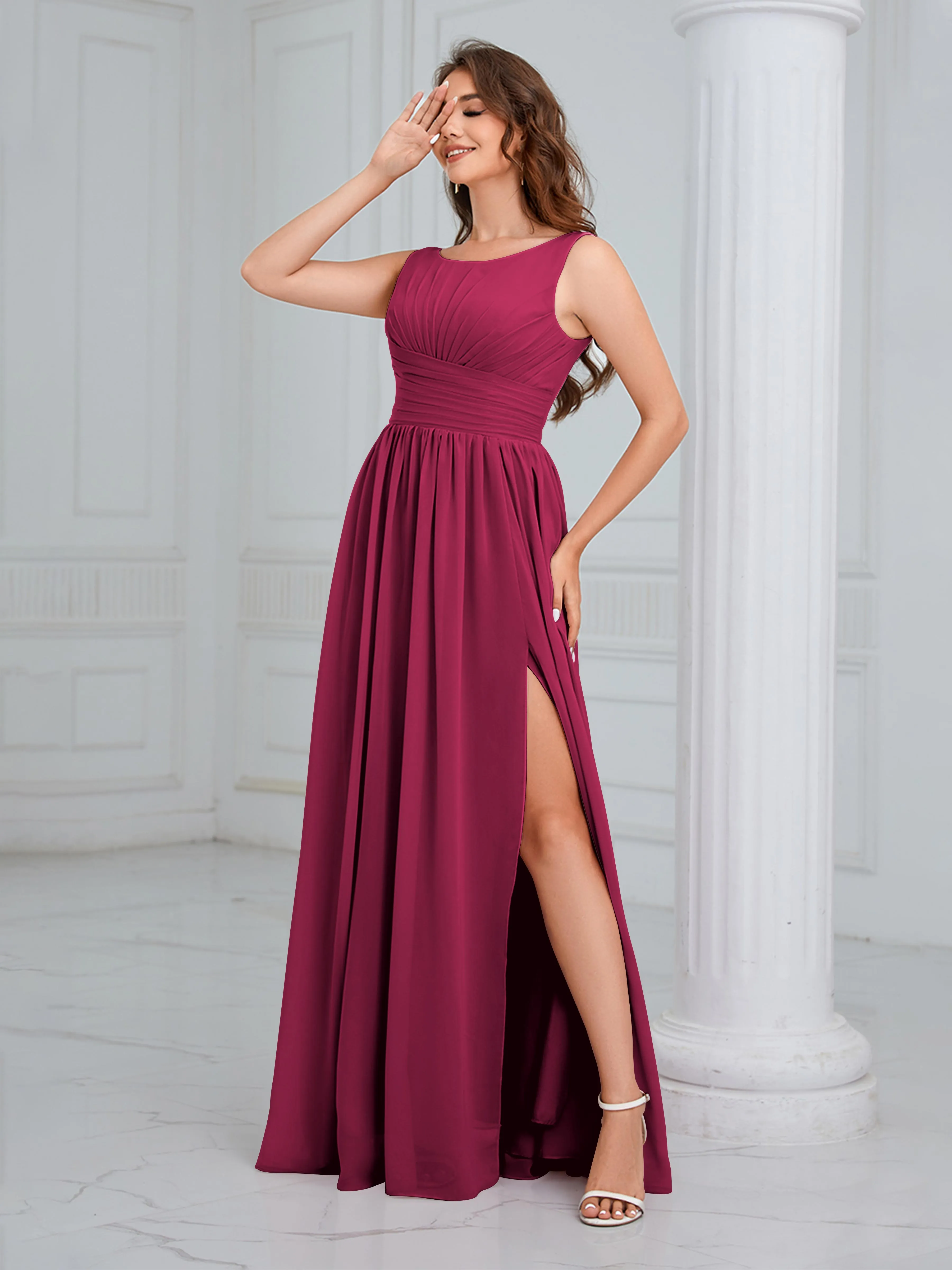 Elaine Chic Scoop Sleeveless Ruched Floor Length Chiffon Bridesmaid Dresses