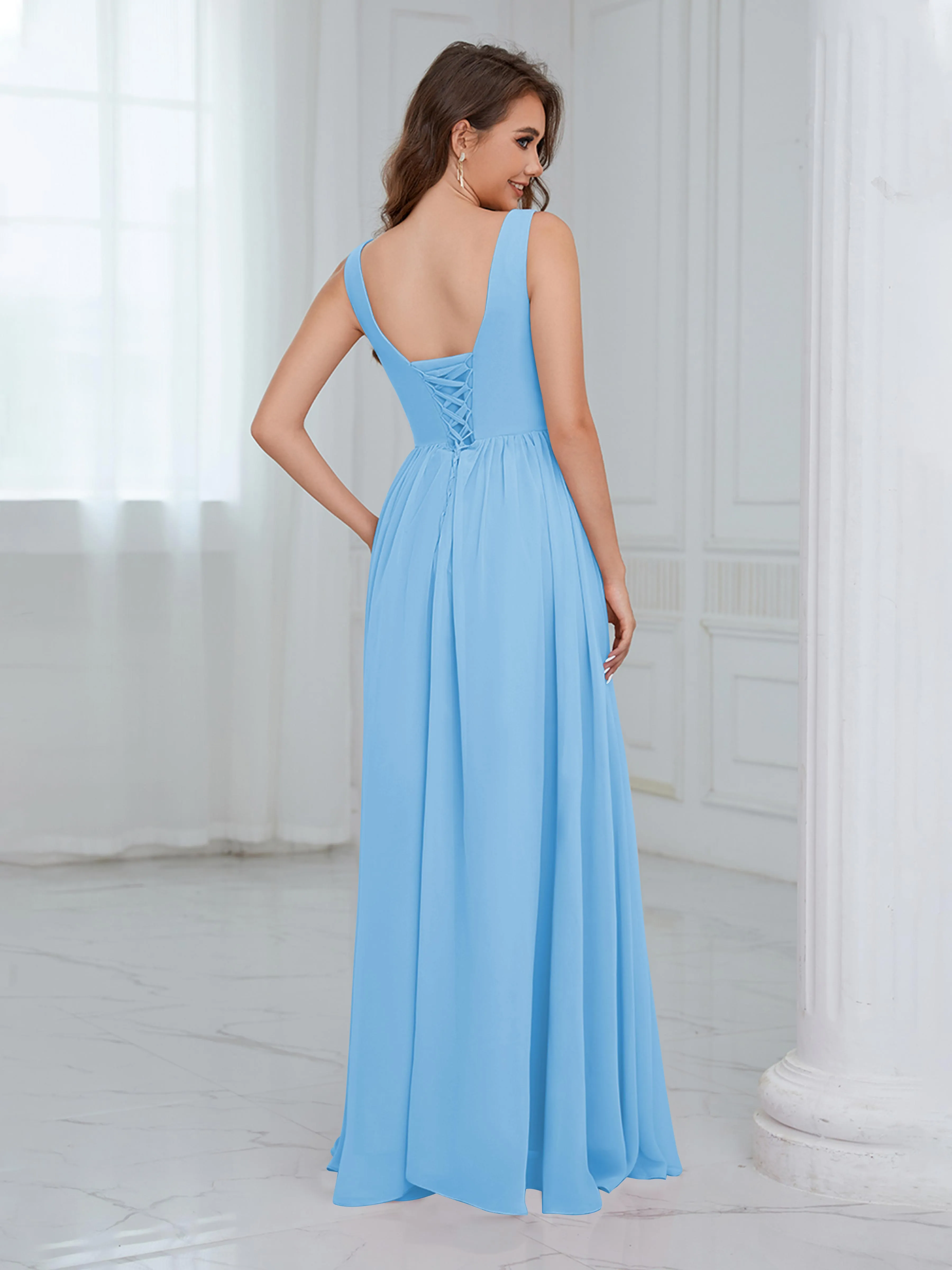 Elaine Chic Scoop Sleeveless Ruched Floor Length Chiffon Bridesmaid Dresses