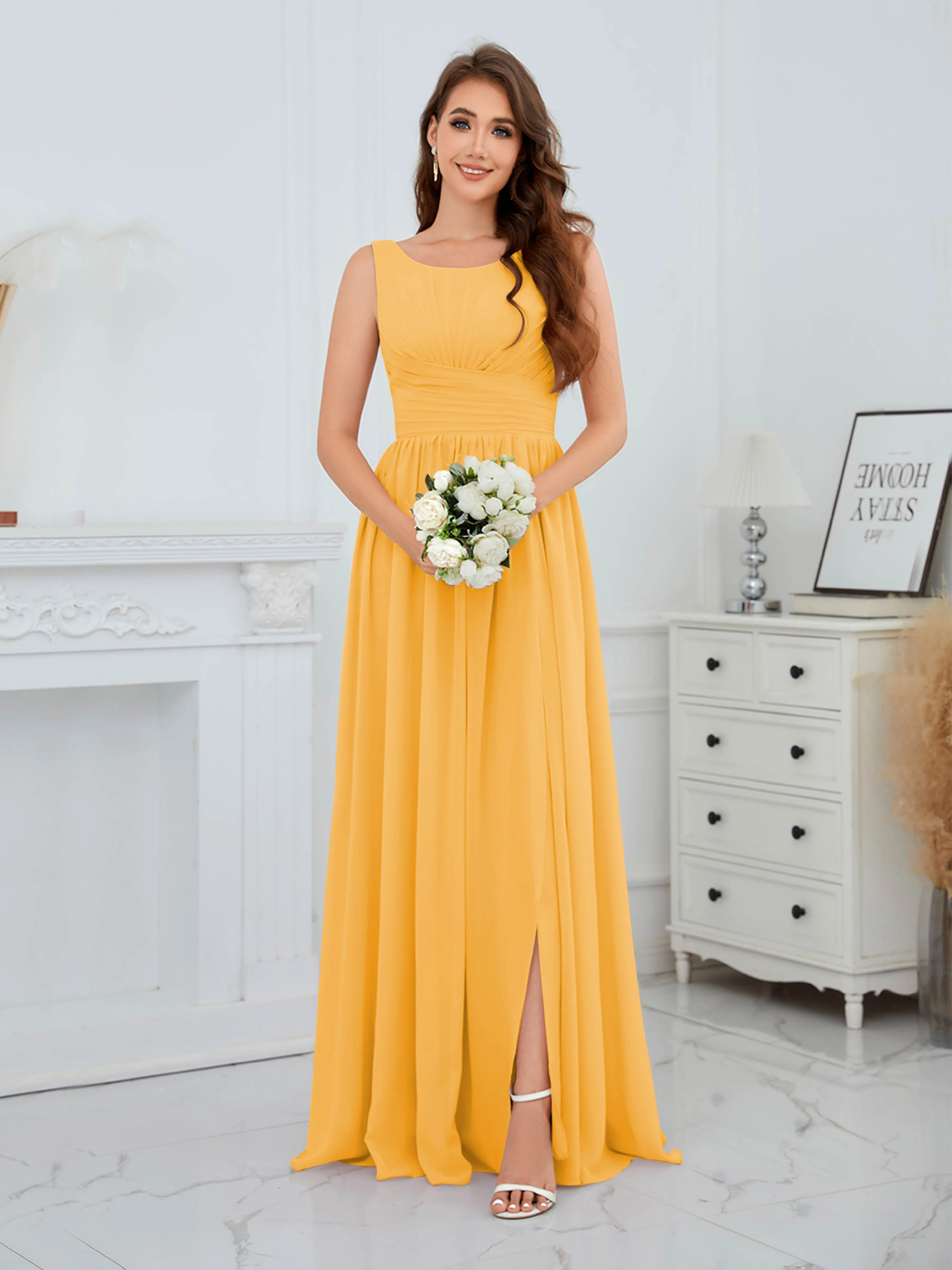 Elaine Chic Scoop Sleeveless Ruched Floor Length Chiffon Bridesmaid Dresses