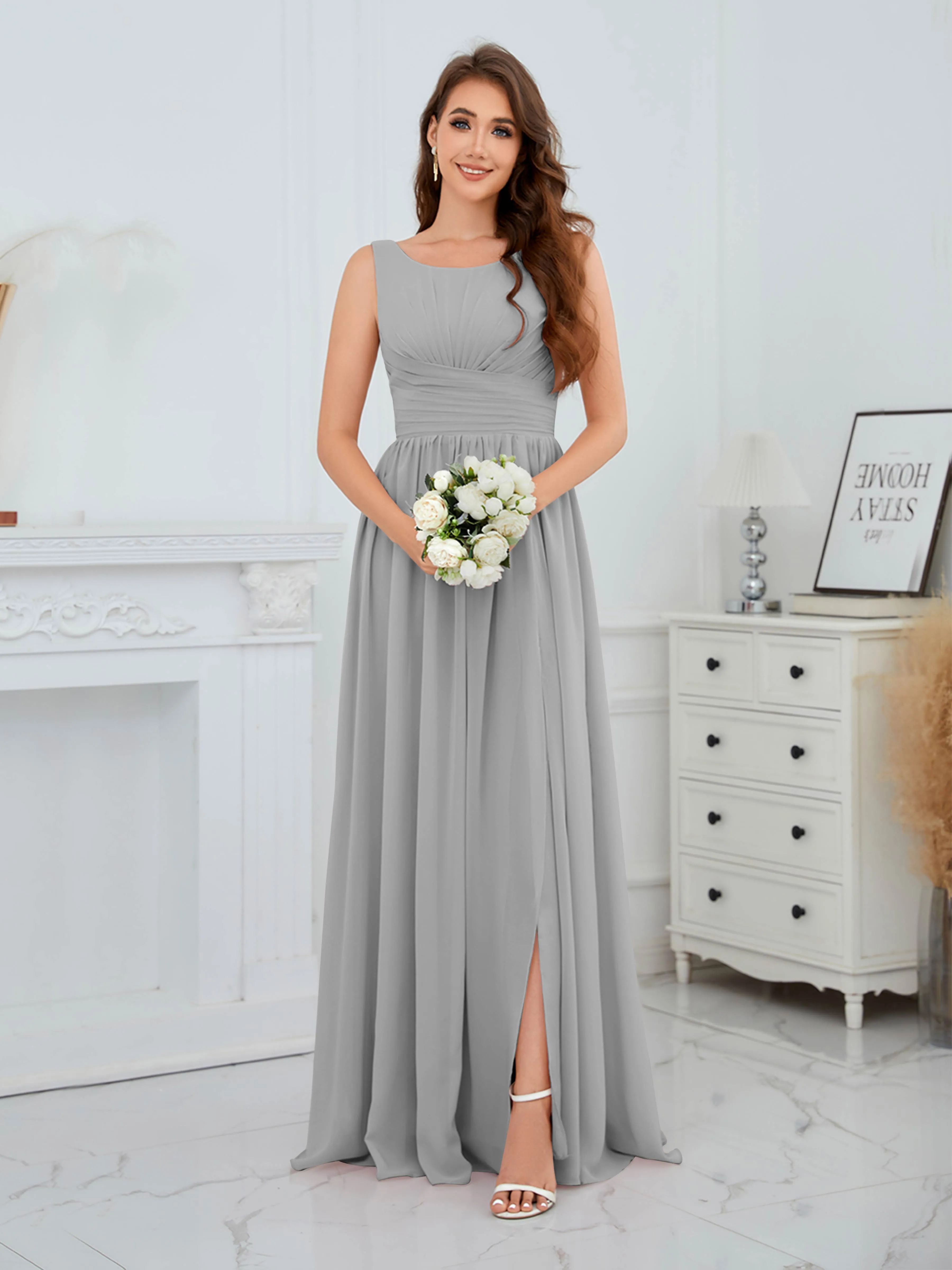 Elaine Chic Scoop Sleeveless Ruched Floor Length Chiffon Bridesmaid Dresses