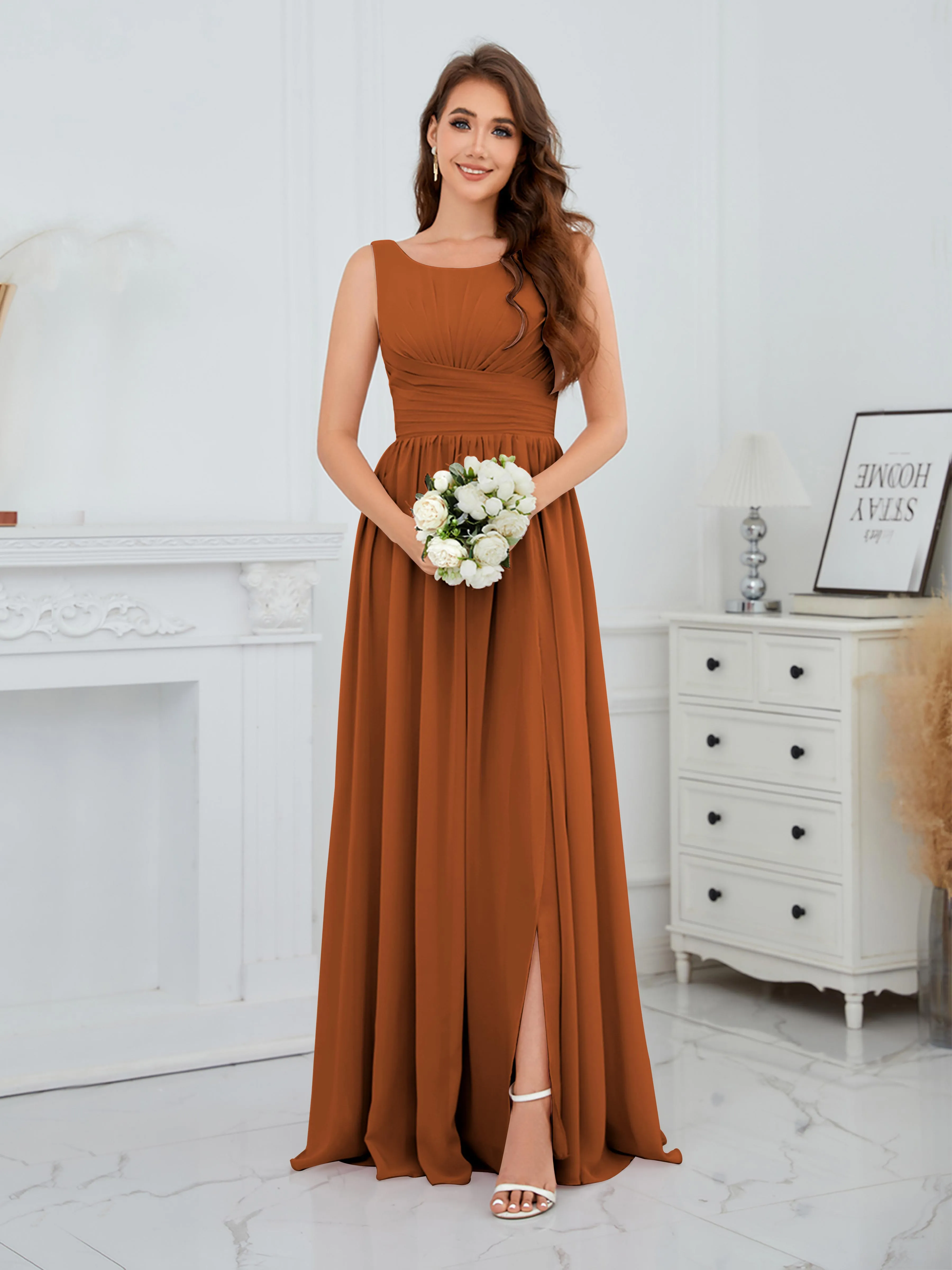 Elaine Chic Scoop Sleeveless Ruched Floor Length Chiffon Bridesmaid Dresses