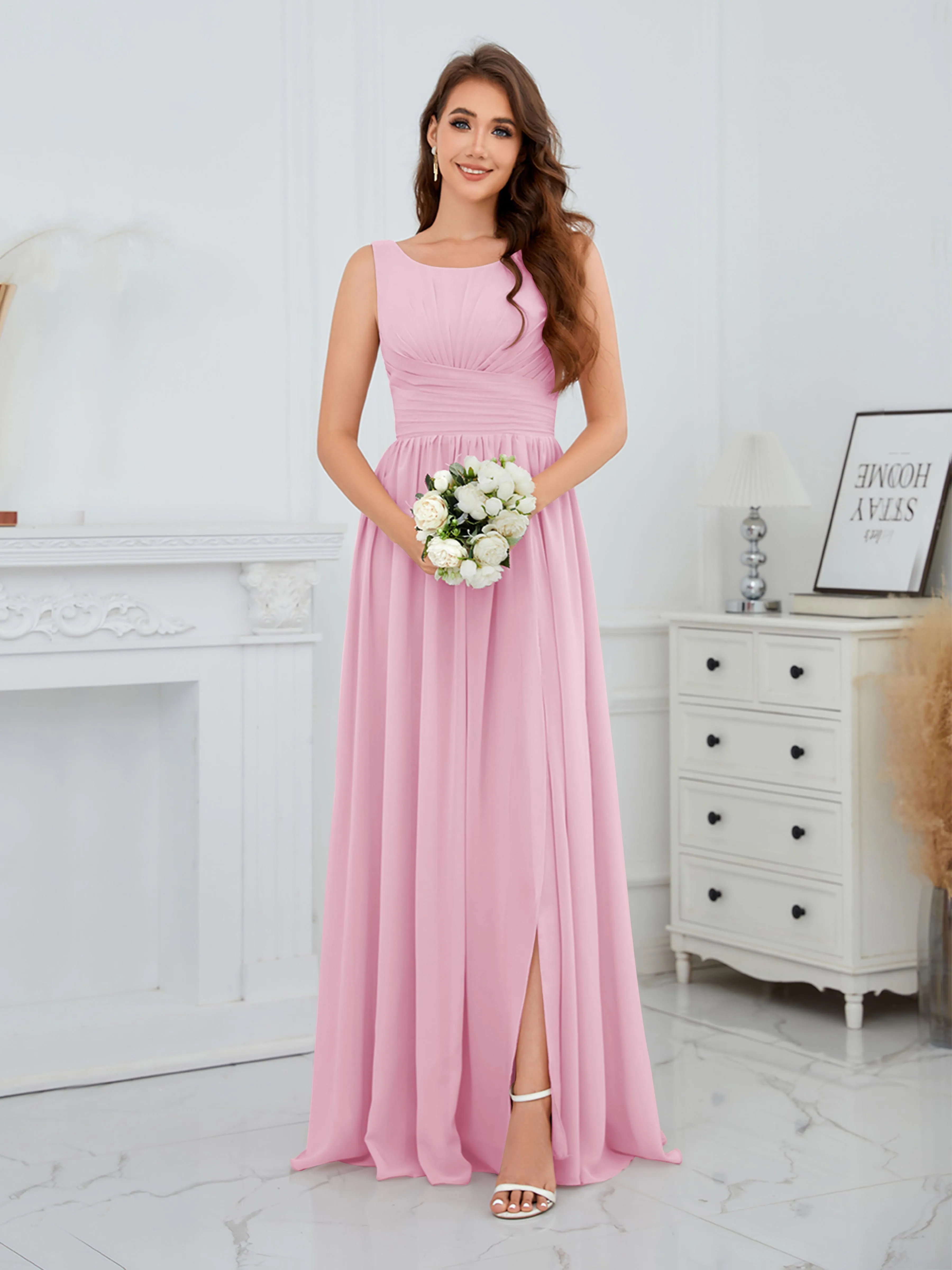 Elaine Chic Scoop Sleeveless Ruched Floor Length Chiffon Bridesmaid Dresses