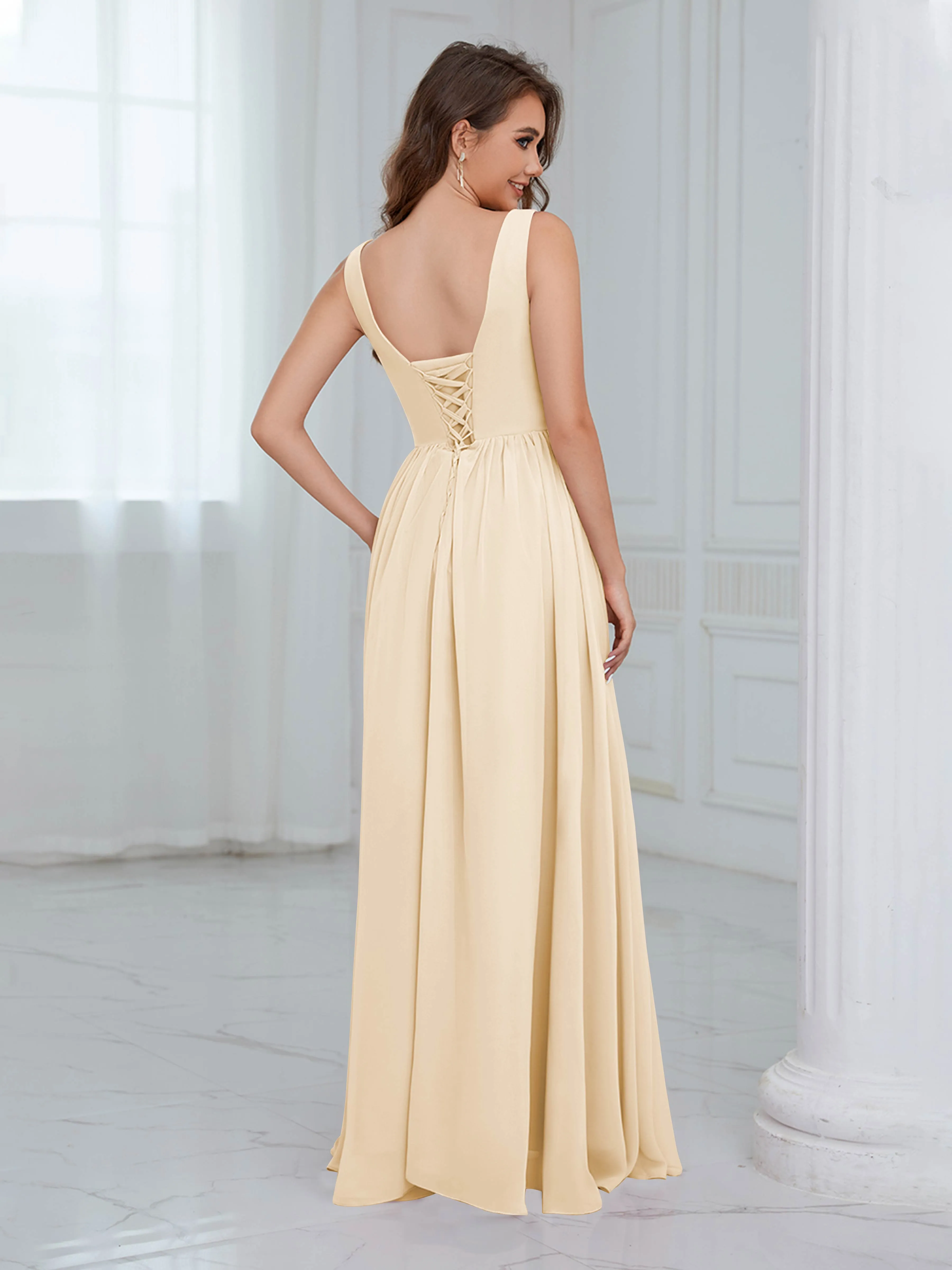 Elaine Chic Scoop Sleeveless Ruched Floor Length Chiffon Bridesmaid Dresses