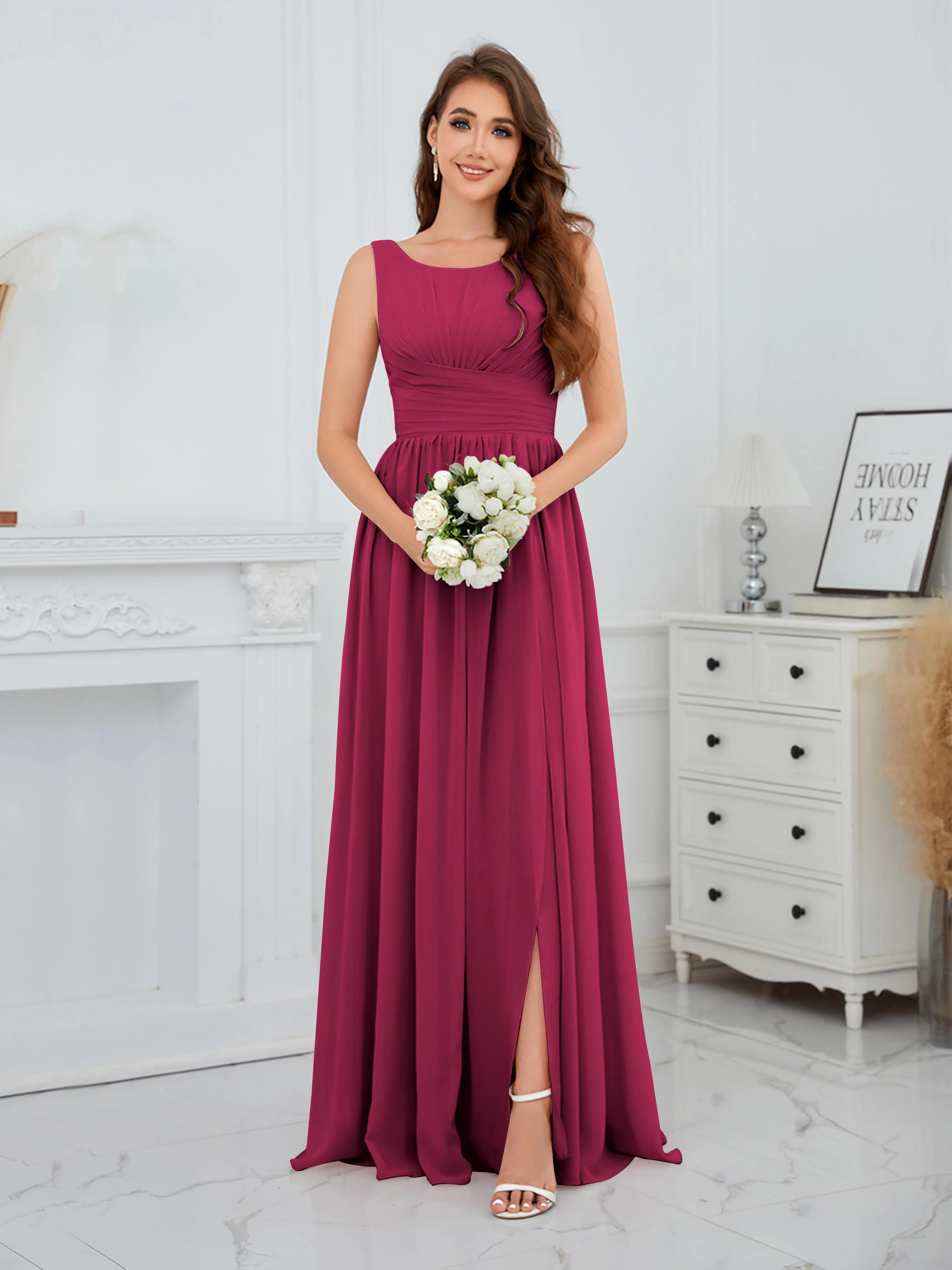 Elaine Chic Scoop Sleeveless Ruched Floor Length Chiffon Bridesmaid Dresses