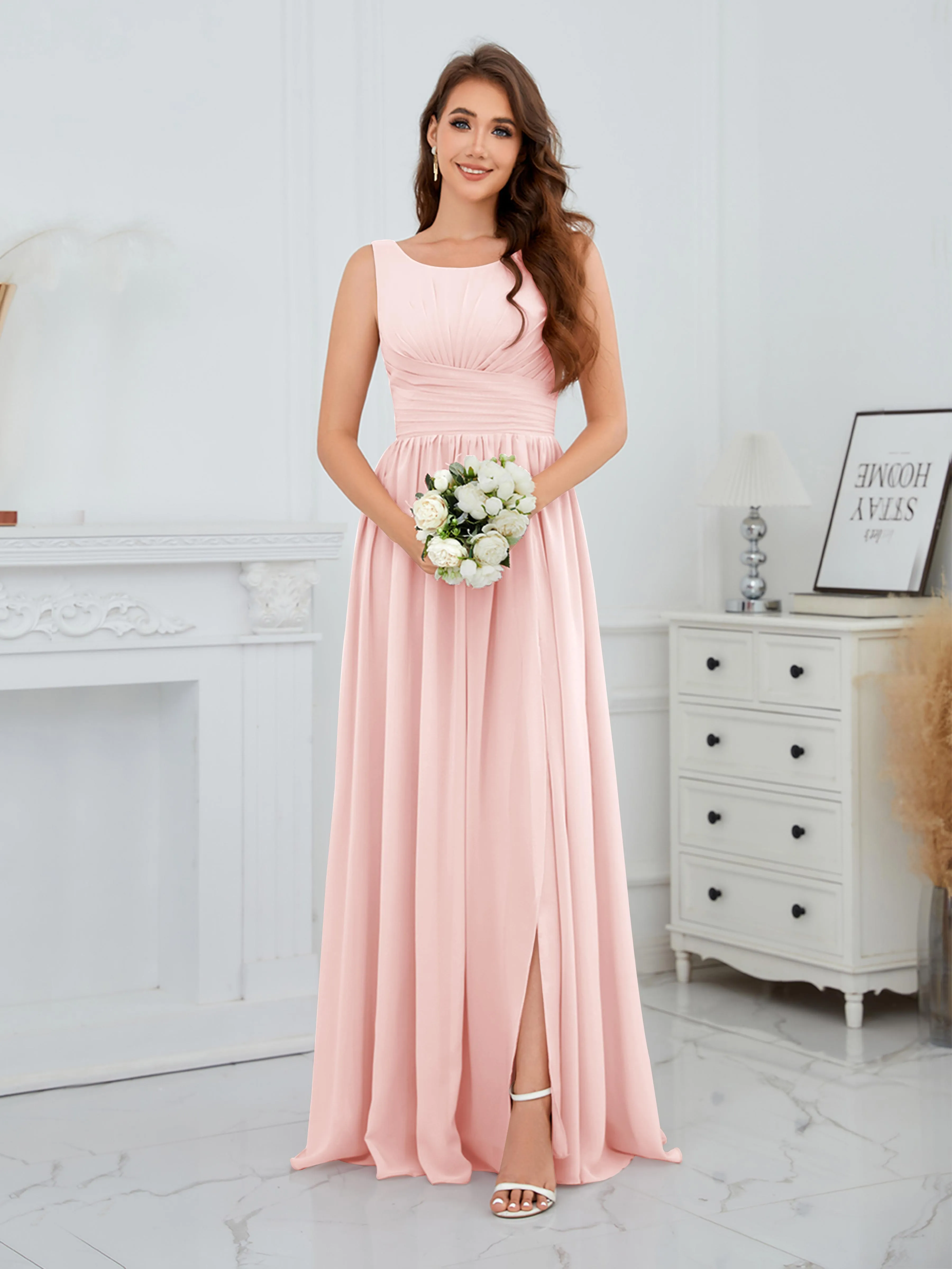 Elaine Chic Scoop Sleeveless Ruched Floor Length Chiffon Bridesmaid Dresses