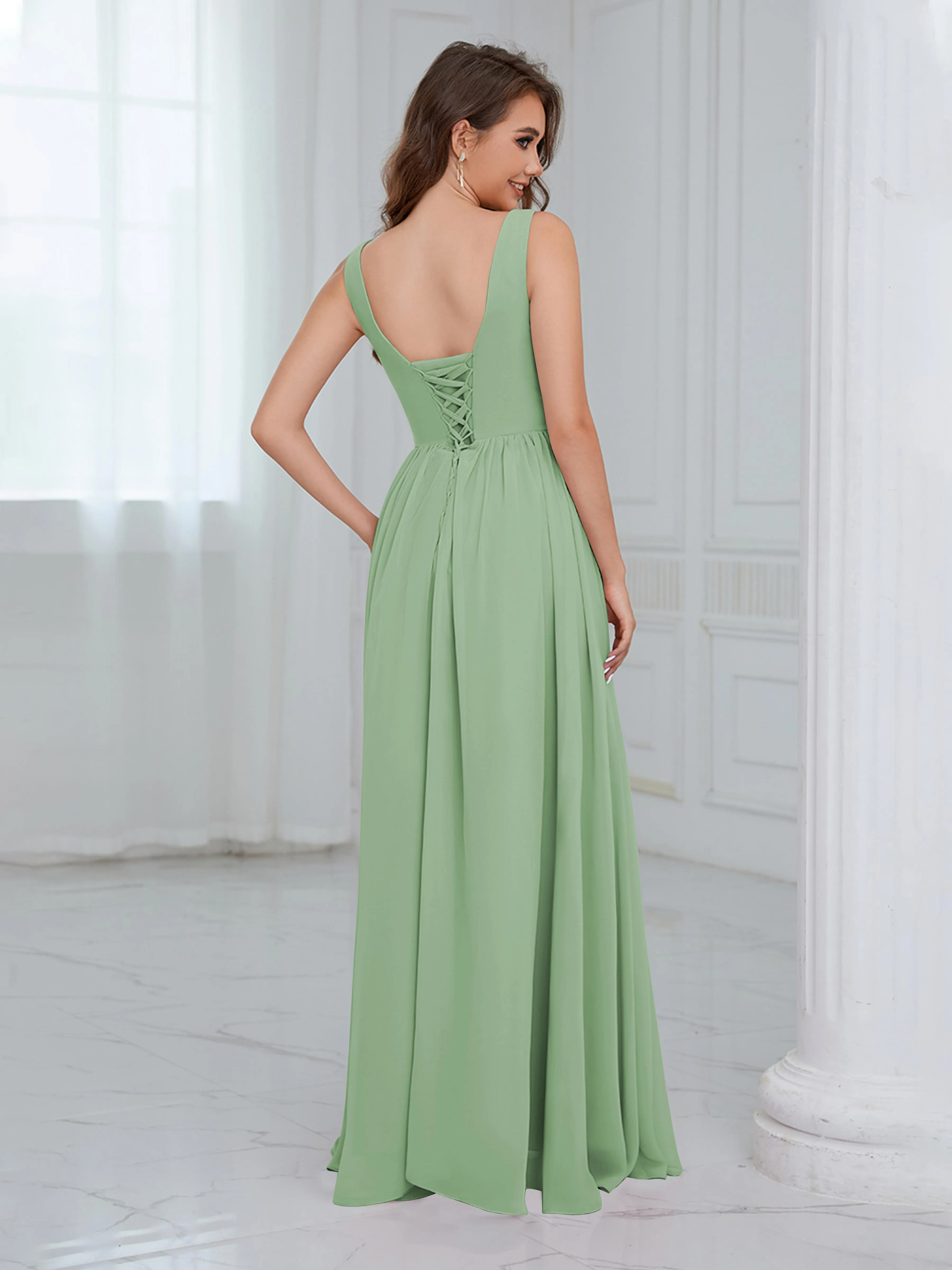 Elaine Chic Scoop Sleeveless Ruched Floor Length Chiffon Bridesmaid Dresses