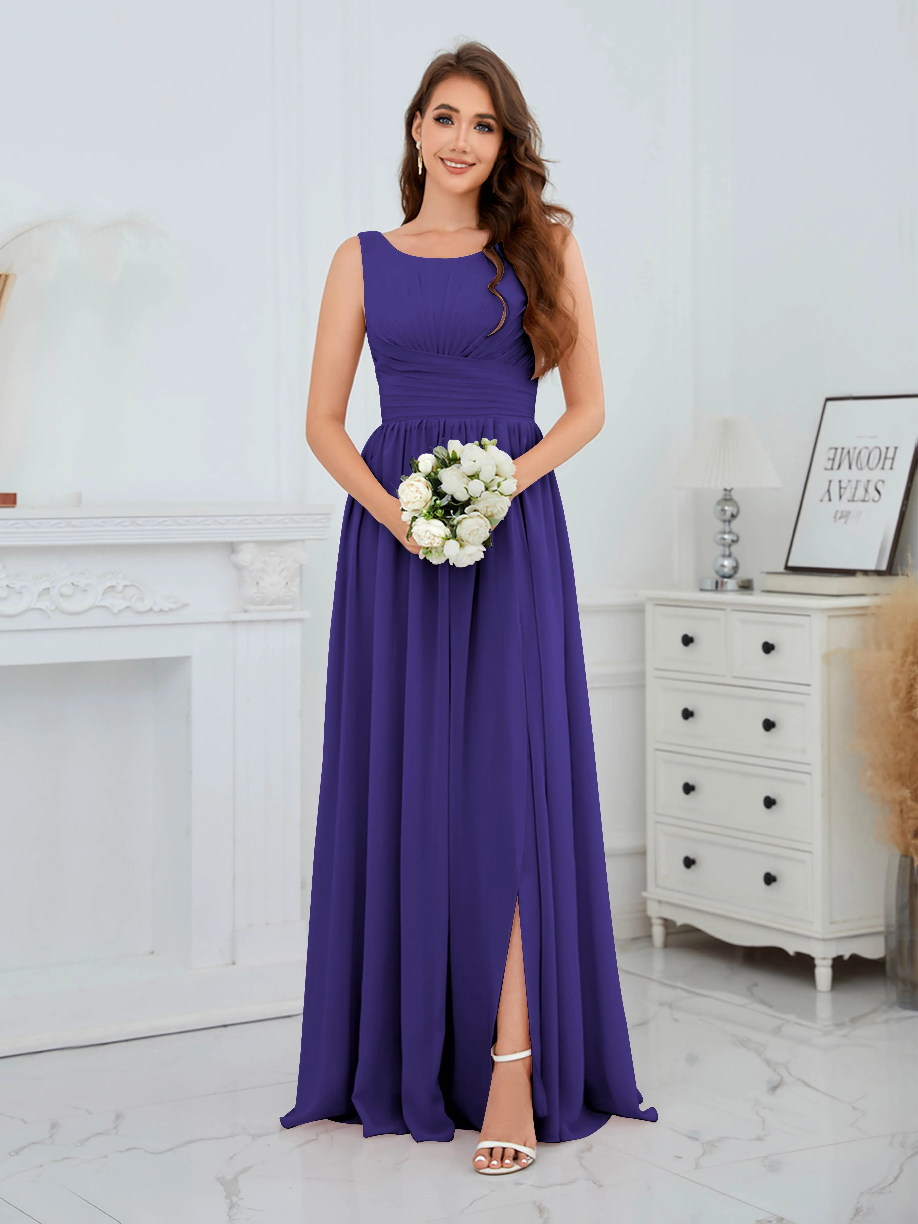 Elaine Chic Scoop Sleeveless Ruched Floor Length Chiffon Bridesmaid Dresses