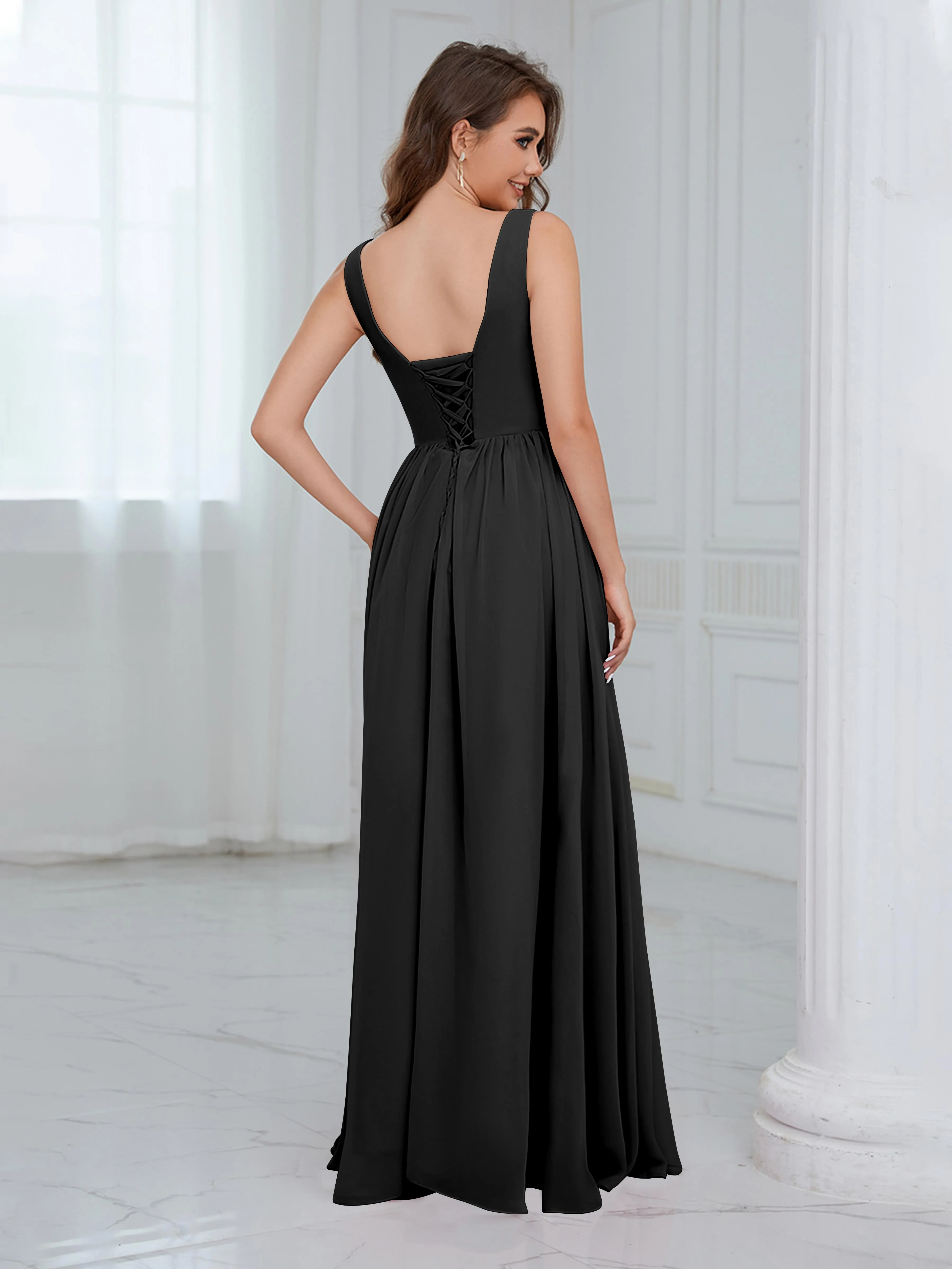 Elaine Chic Scoop Sleeveless Ruched Floor Length Chiffon Bridesmaid Dresses