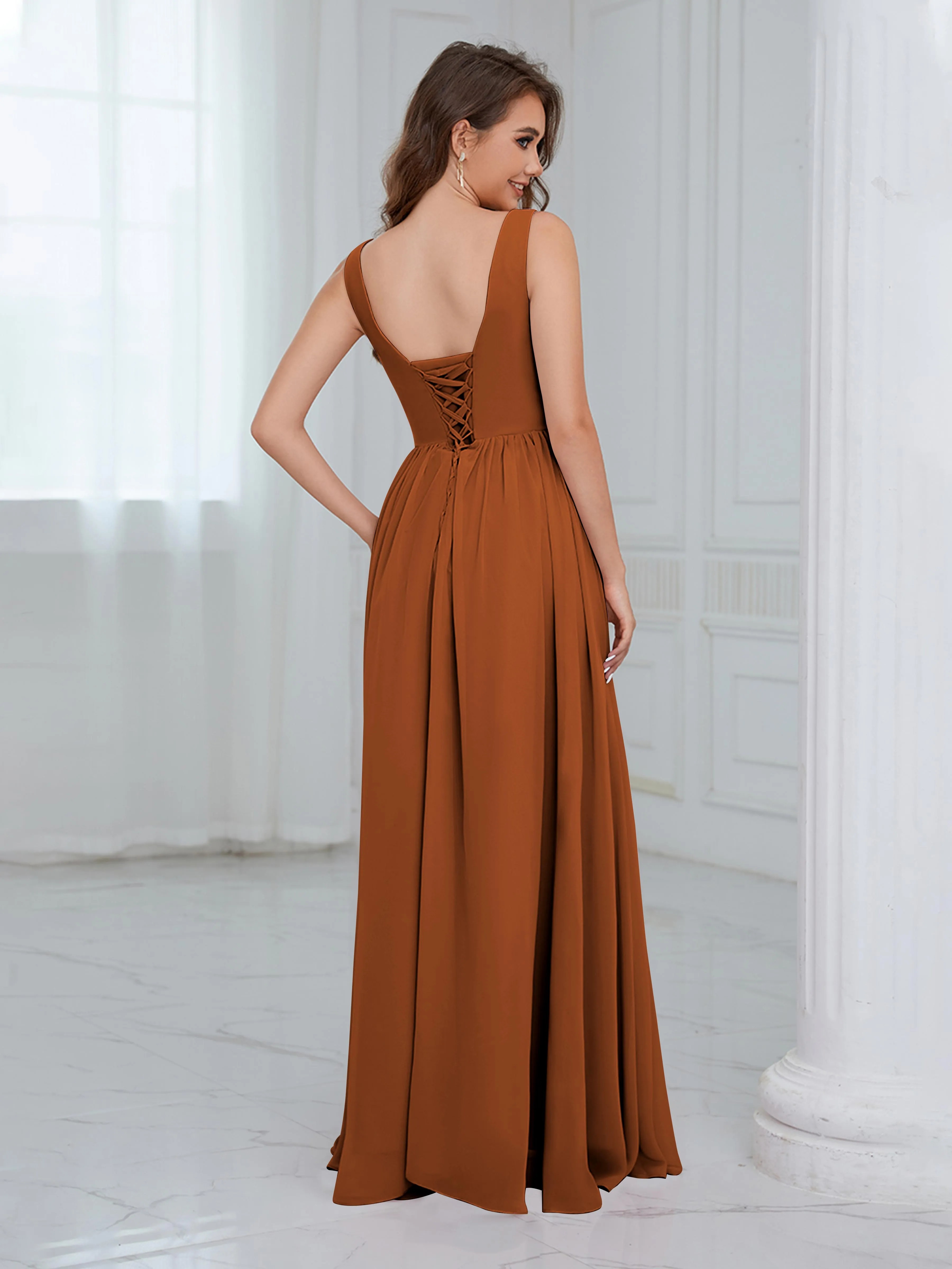 Elaine Chic Scoop Sleeveless Ruched Floor Length Chiffon Bridesmaid Dresses