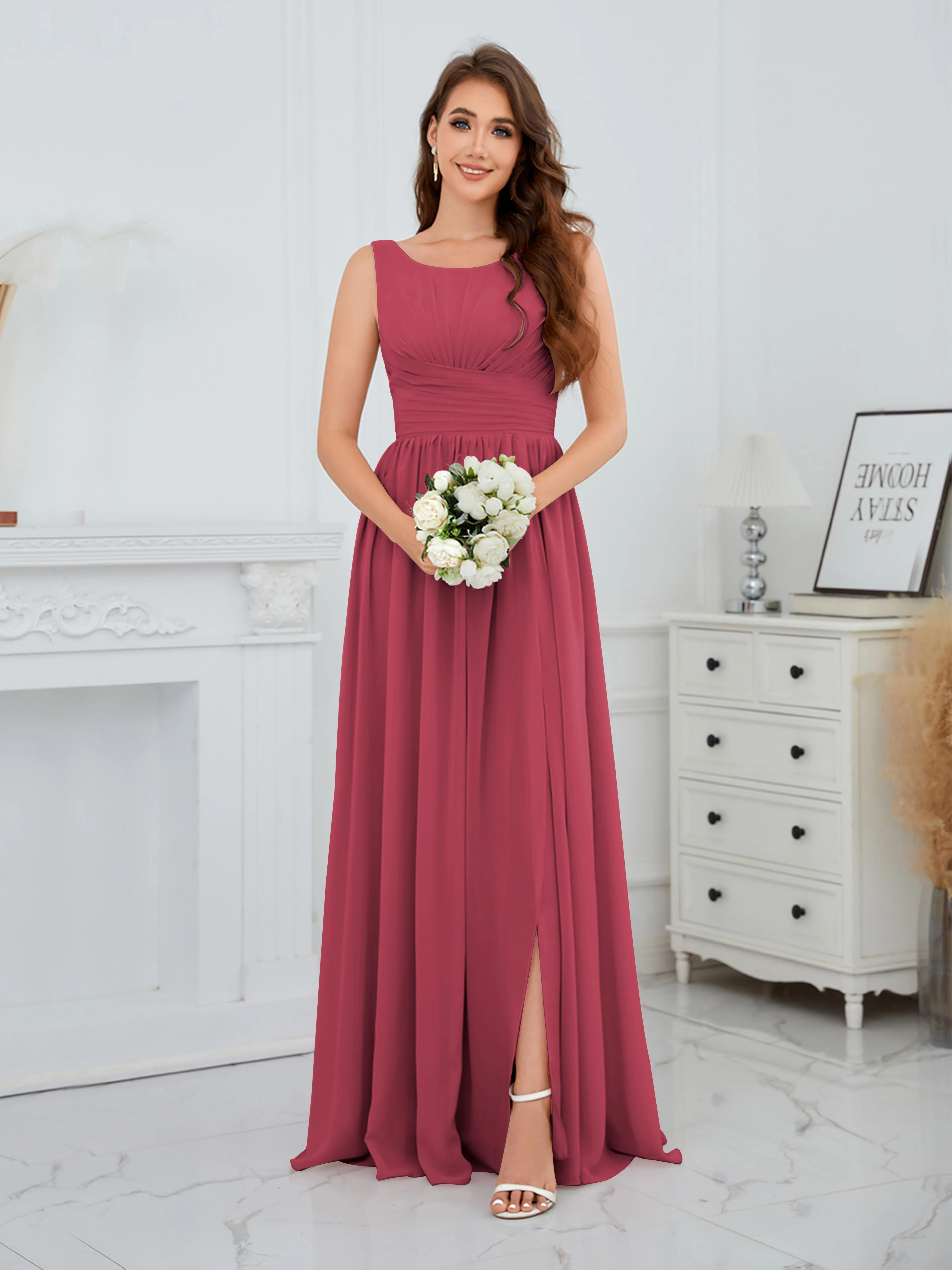 Elaine Chic Scoop Sleeveless Ruched Floor Length Chiffon Bridesmaid Dresses