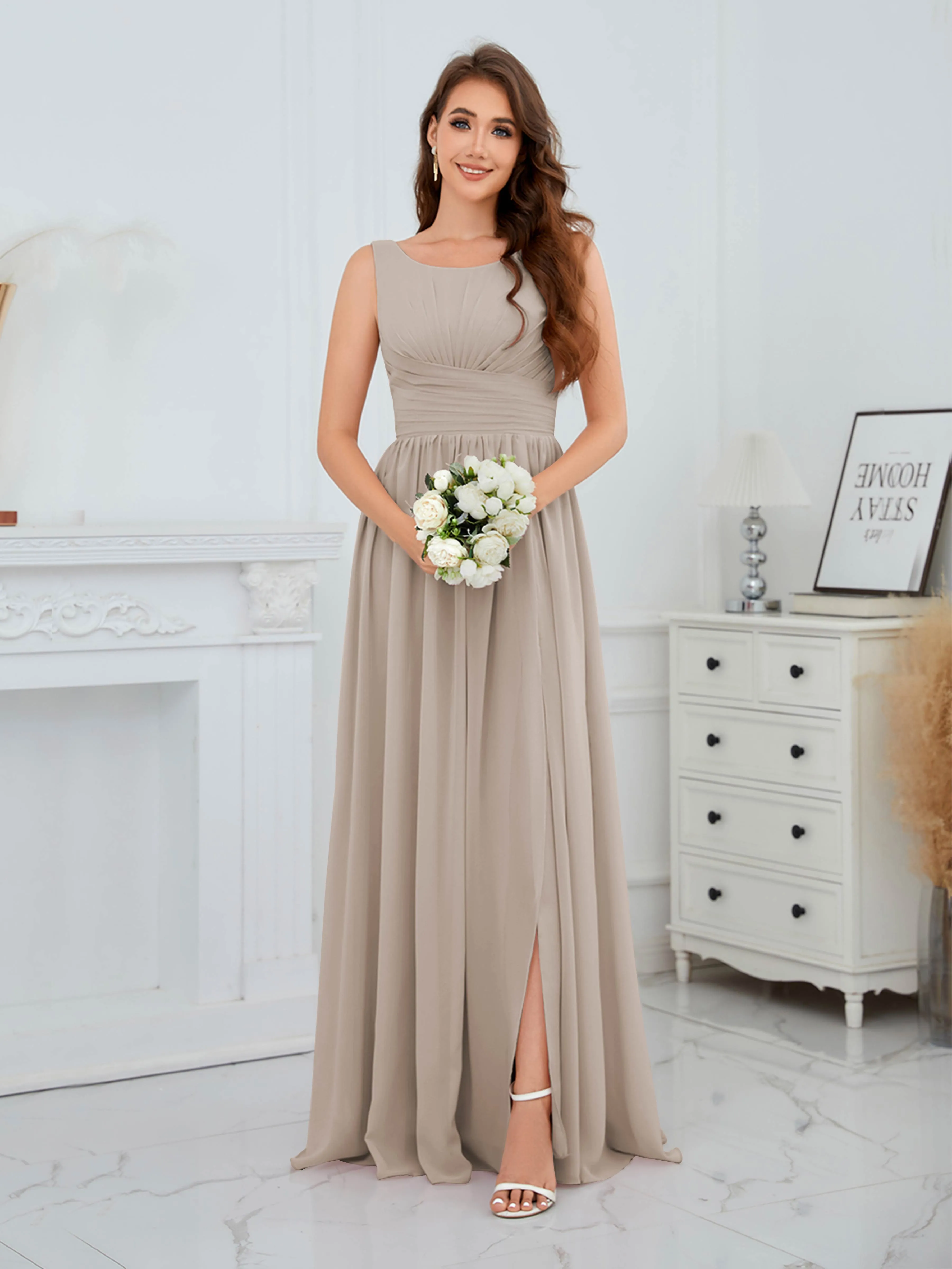 Elaine Chic Scoop Sleeveless Ruched Floor Length Chiffon Bridesmaid Dresses
