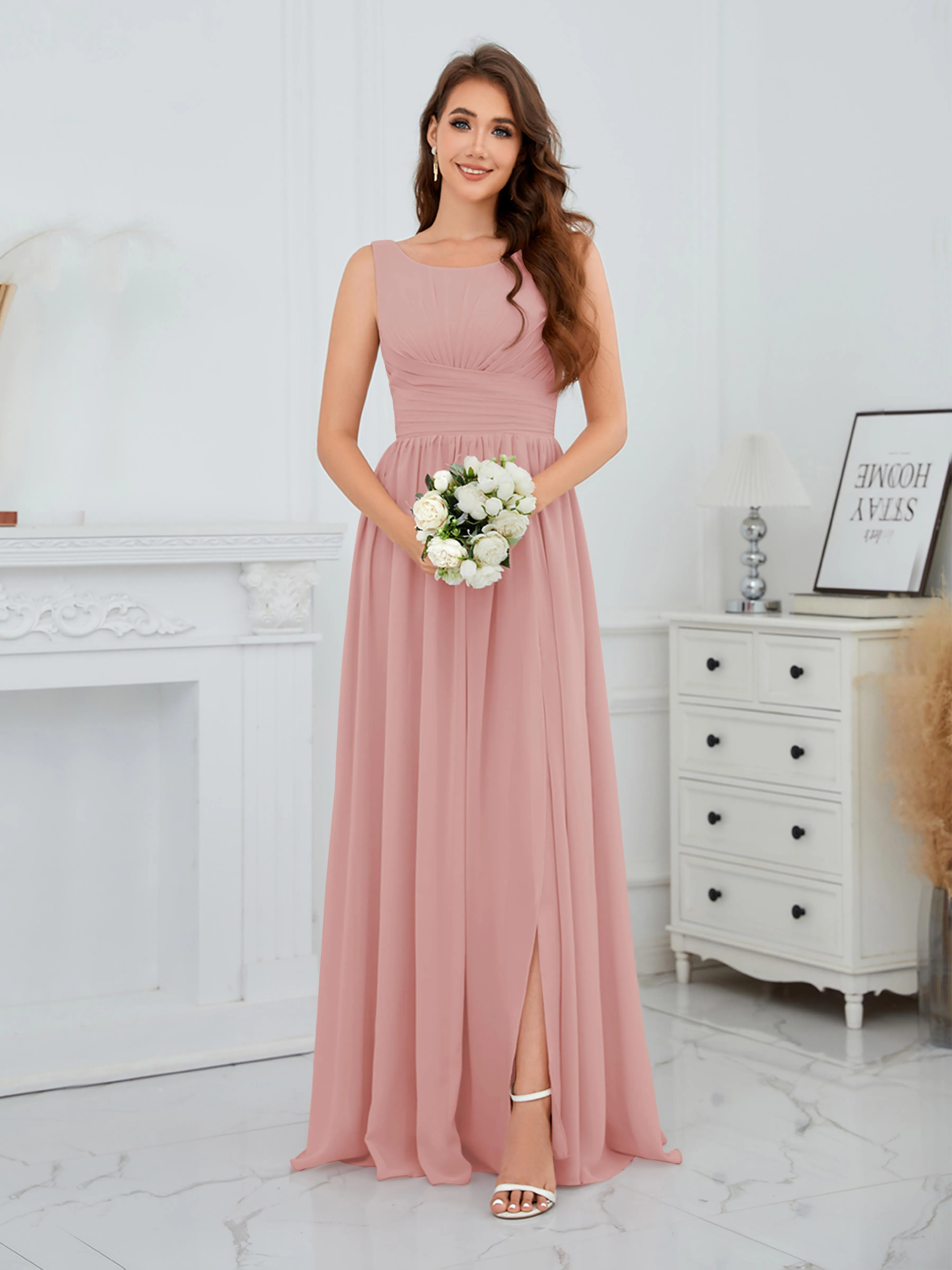 Elaine Chic Scoop Sleeveless Ruched Floor Length Chiffon Bridesmaid Dresses