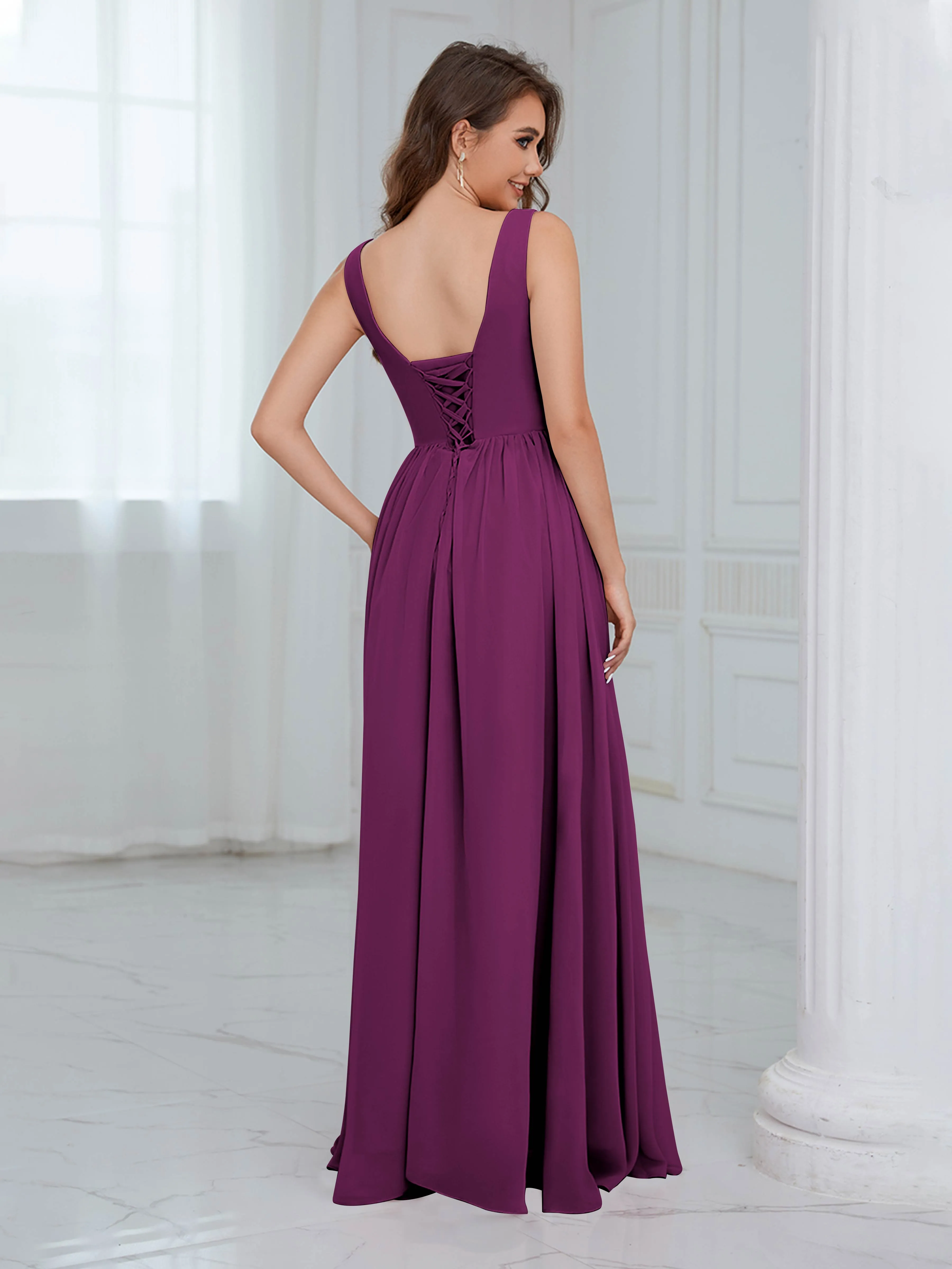 Elaine Chic Scoop Sleeveless Ruched Floor Length Chiffon Bridesmaid Dresses