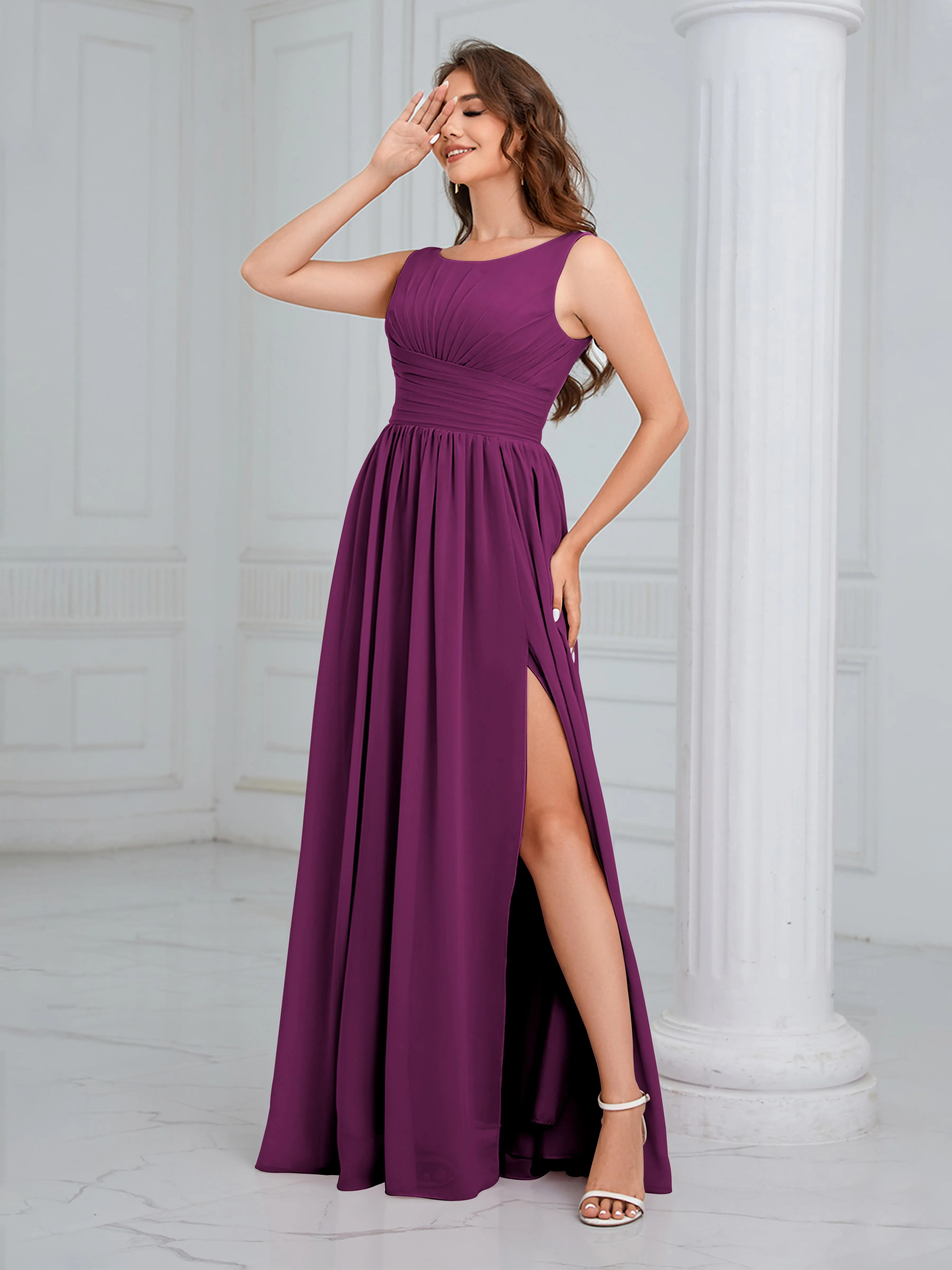 Elaine Chic Scoop Sleeveless Ruched Floor Length Chiffon Bridesmaid Dresses