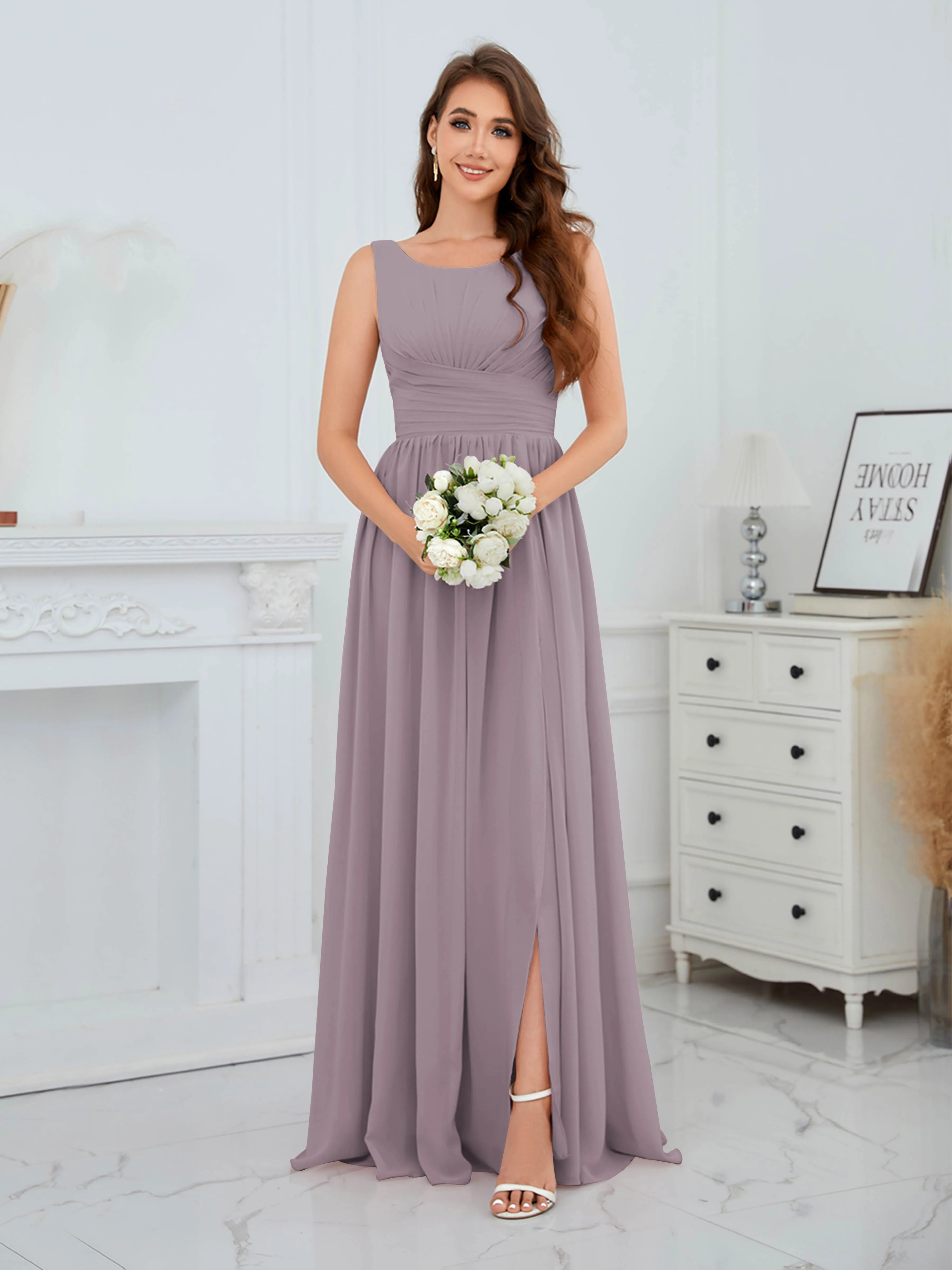Elaine Chic Scoop Sleeveless Ruched Floor Length Chiffon Bridesmaid Dresses
