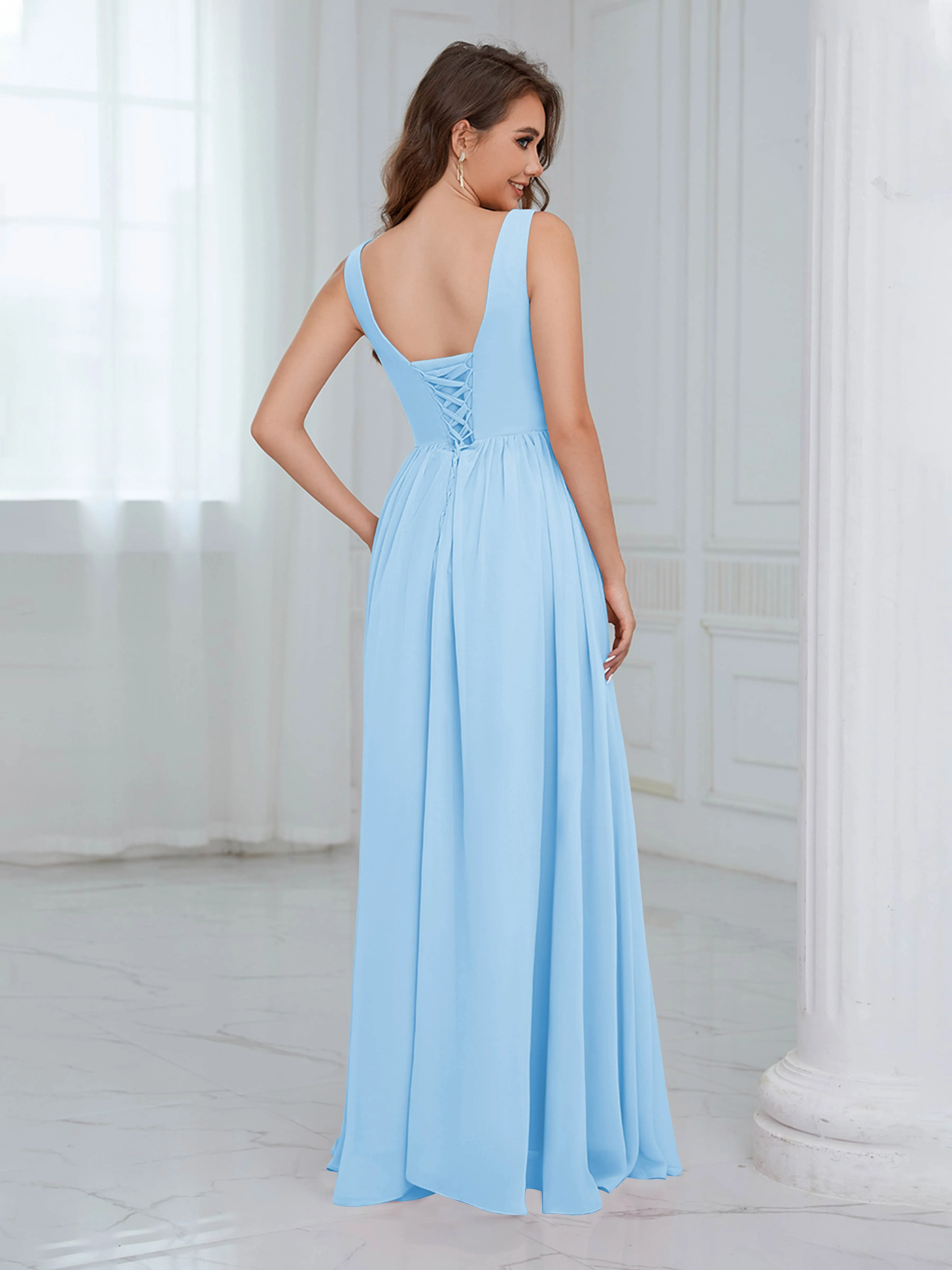 Elaine Chic Scoop Sleeveless Ruched Floor Length Chiffon Bridesmaid Dresses