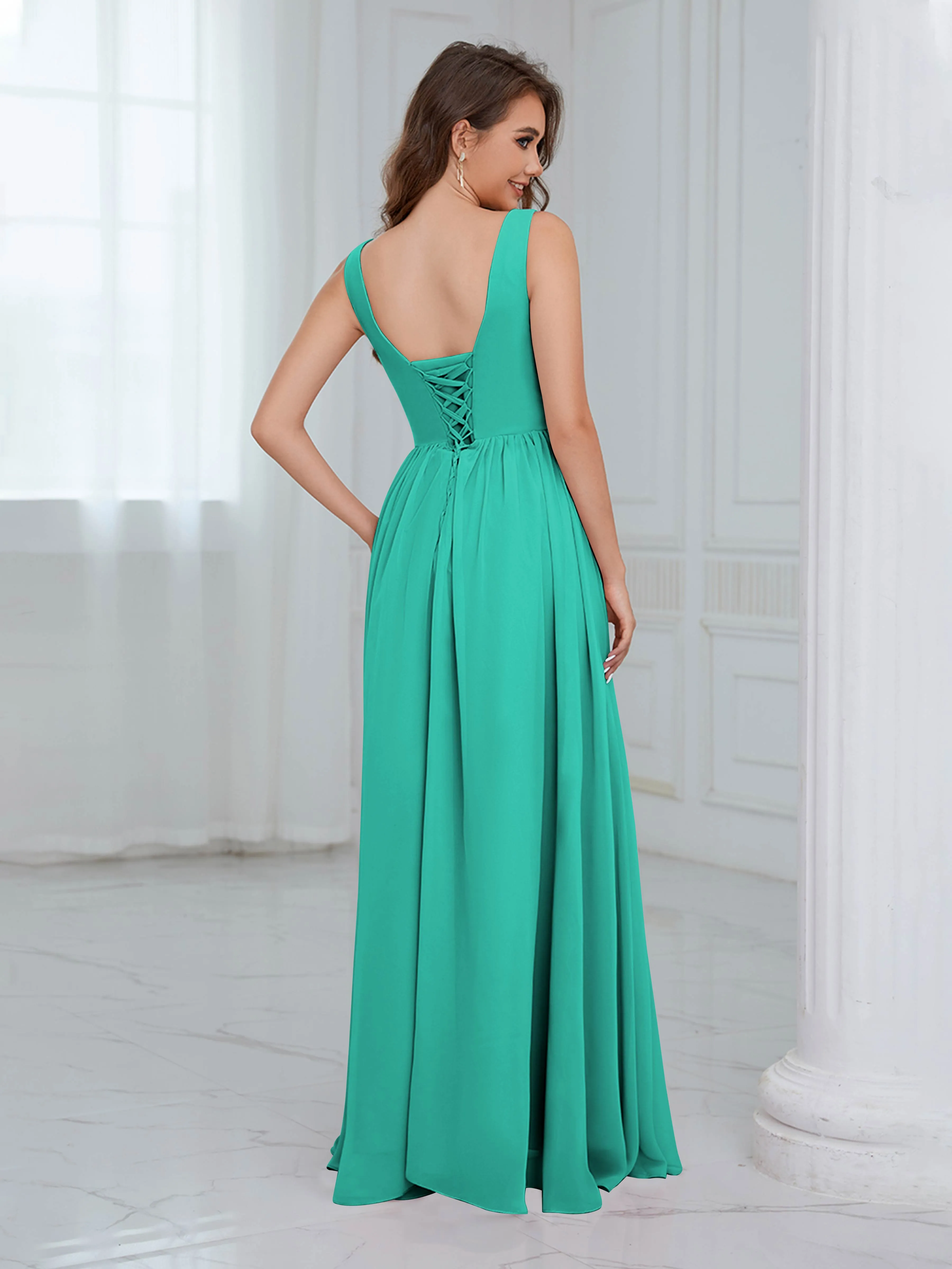 Elaine Chic Scoop Sleeveless Ruched Floor Length Chiffon Bridesmaid Dresses