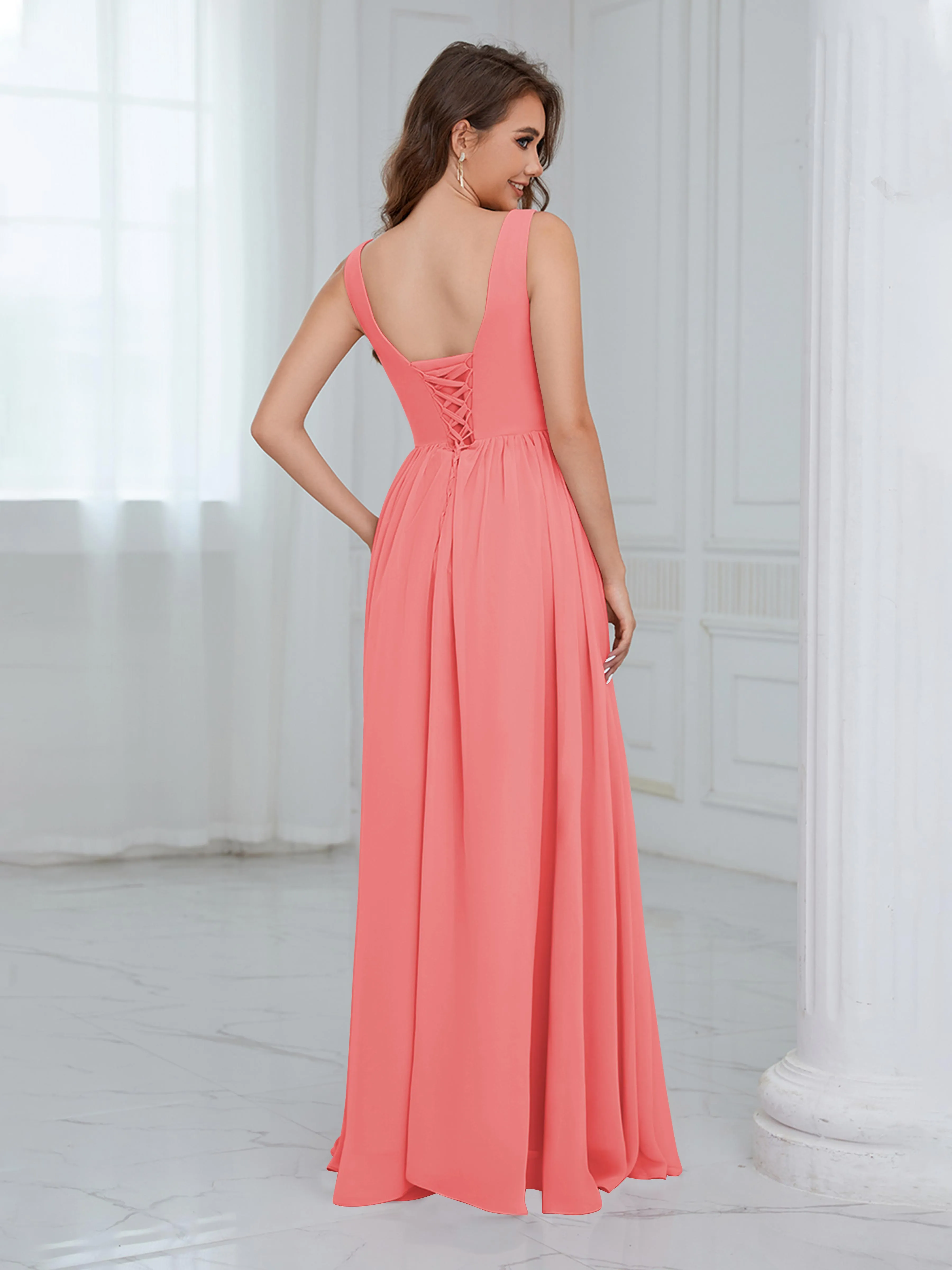Elaine Chic Scoop Sleeveless Ruched Floor Length Chiffon Bridesmaid Dresses