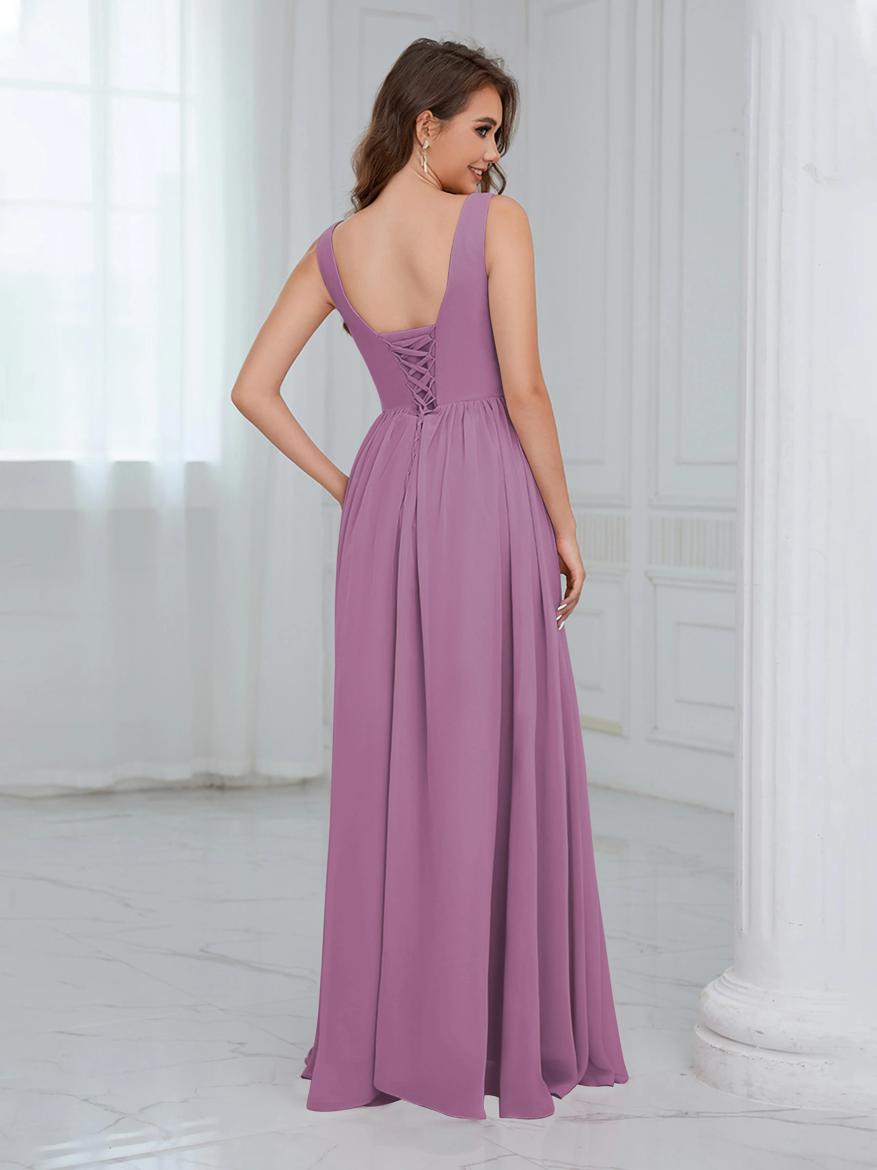 Elaine Chic Scoop Sleeveless Ruched Floor Length Chiffon Bridesmaid Dresses