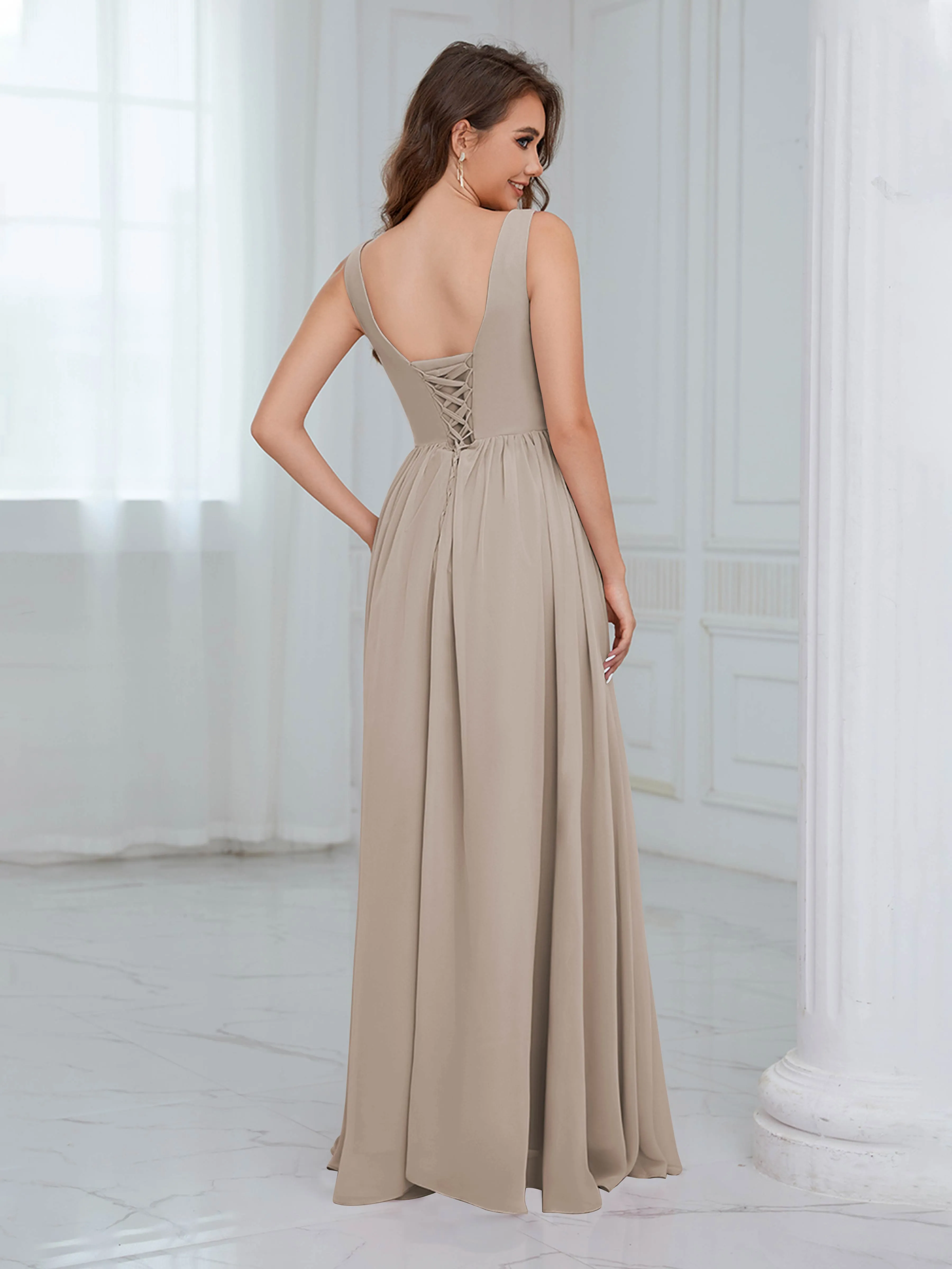 Elaine Chic Scoop Sleeveless Ruched Floor Length Chiffon Bridesmaid Dresses