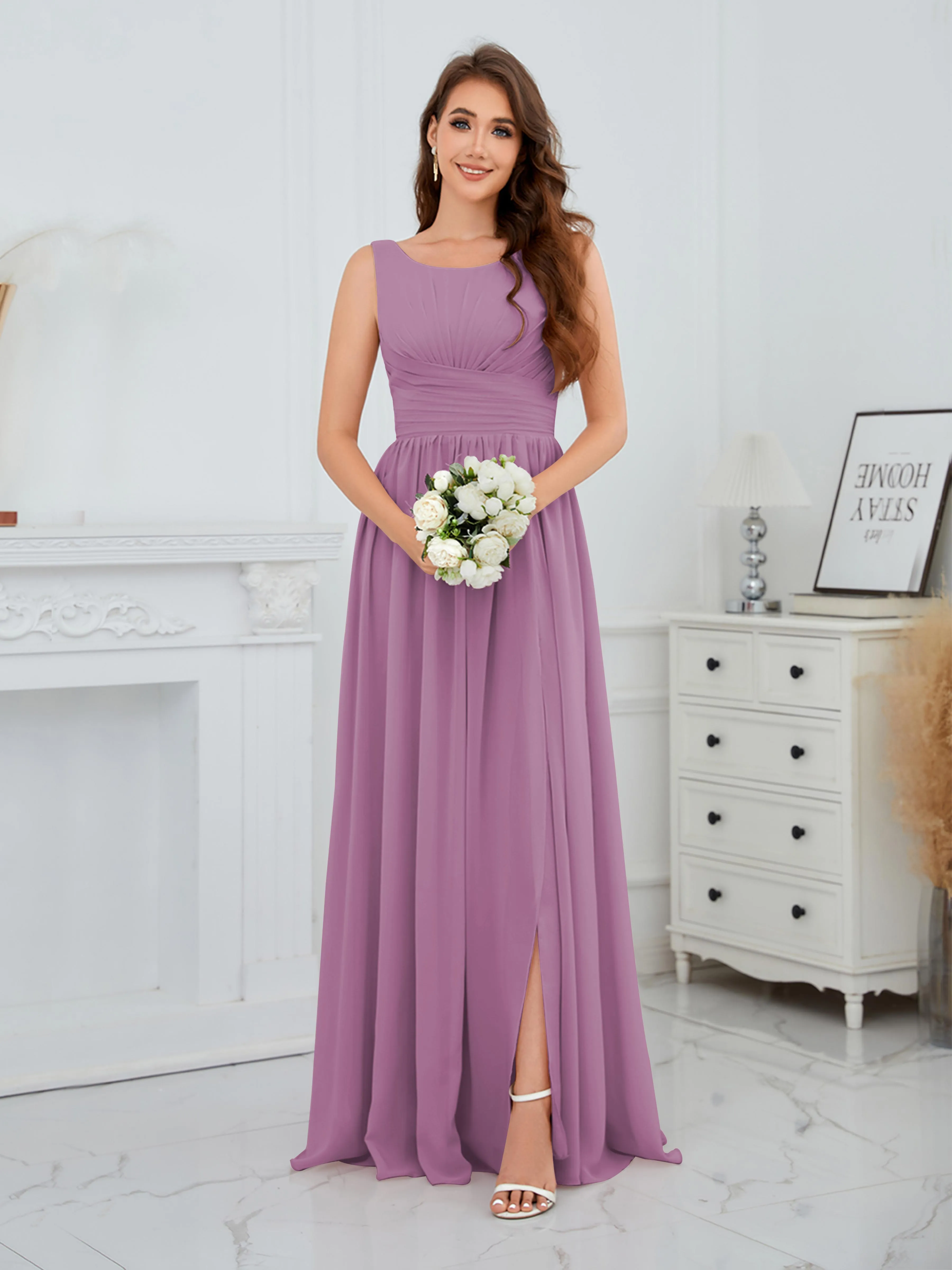 Elaine Chic Scoop Sleeveless Ruched Floor Length Chiffon Bridesmaid Dresses