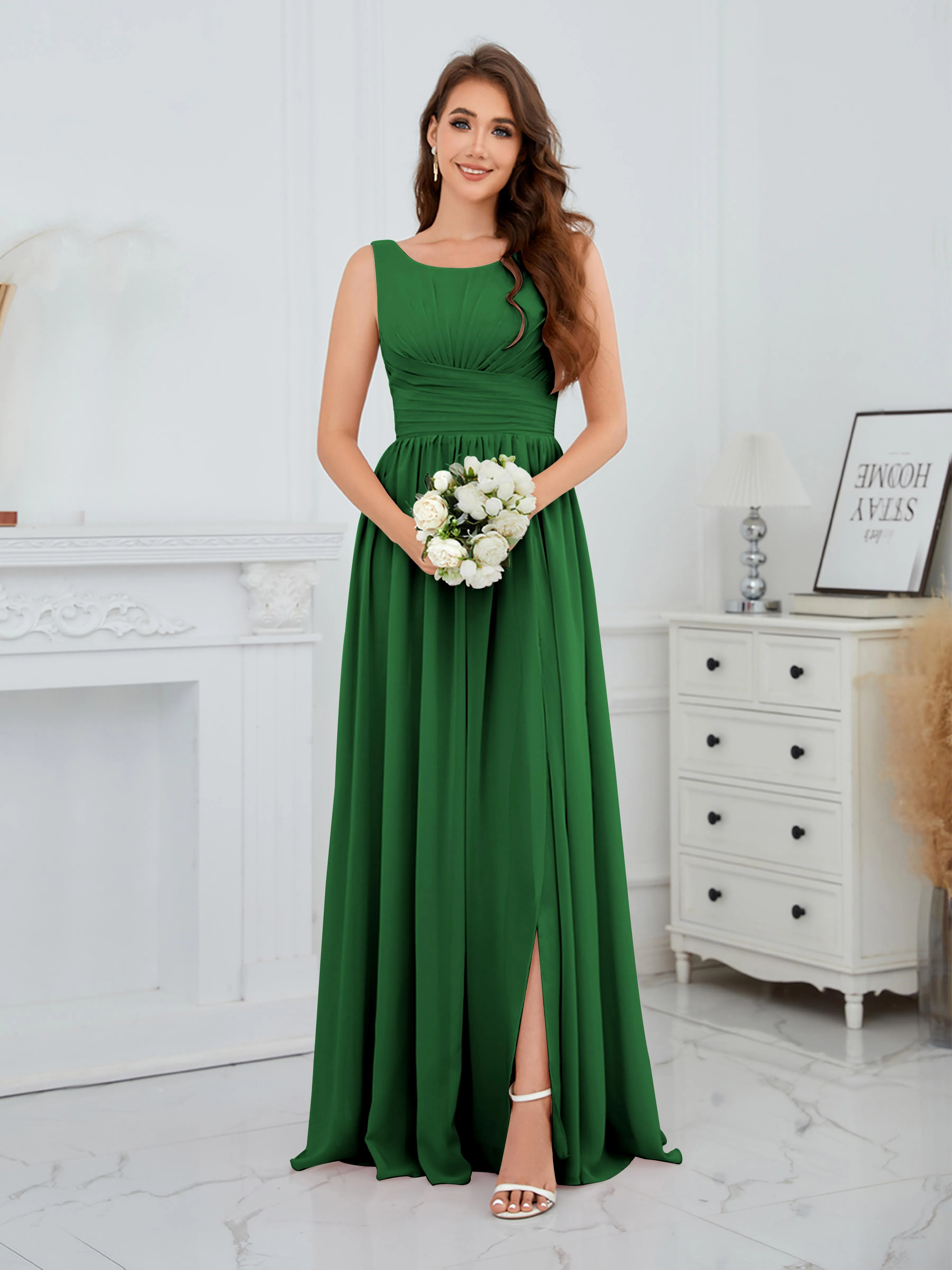 Elaine Chic Scoop Sleeveless Ruched Floor Length Chiffon Bridesmaid Dresses